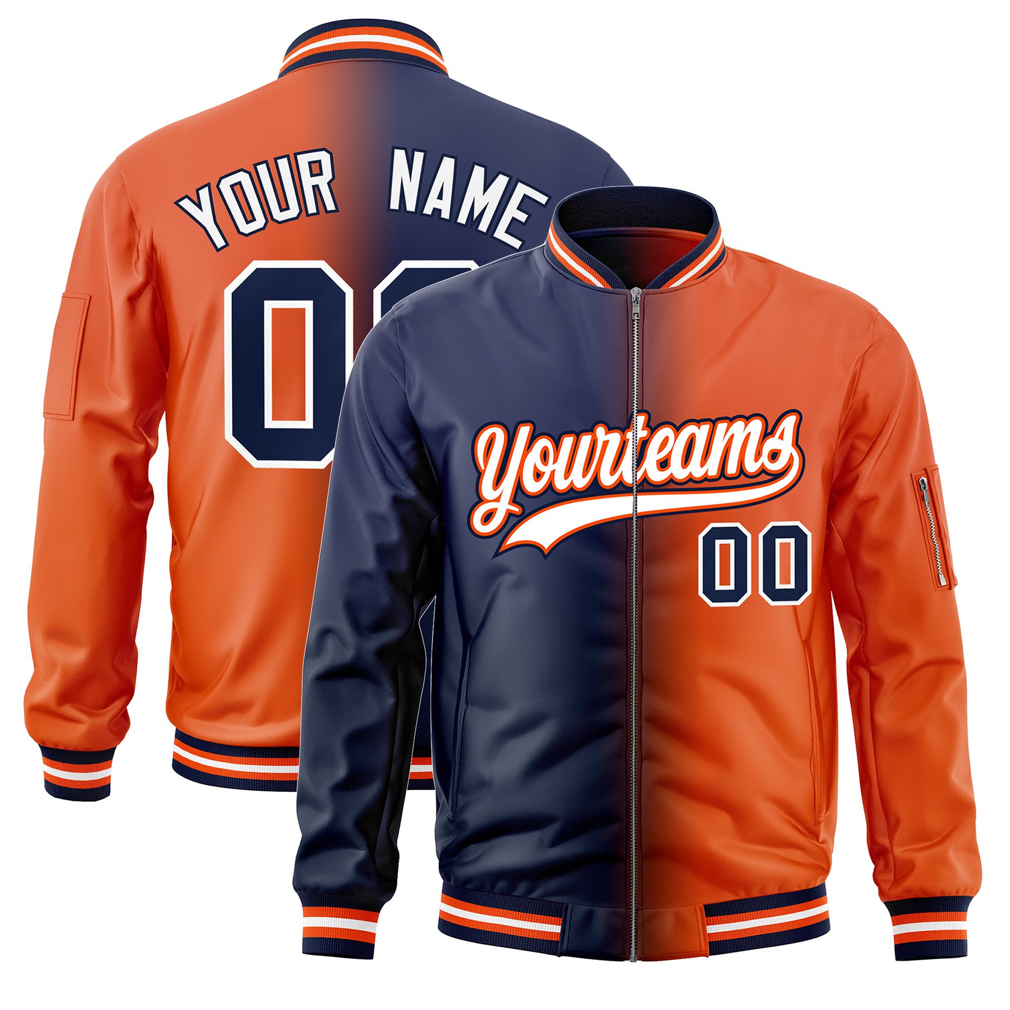 Custom Navy Orange Full-Zip Gradient Fashion Letterman Bomber Jacket