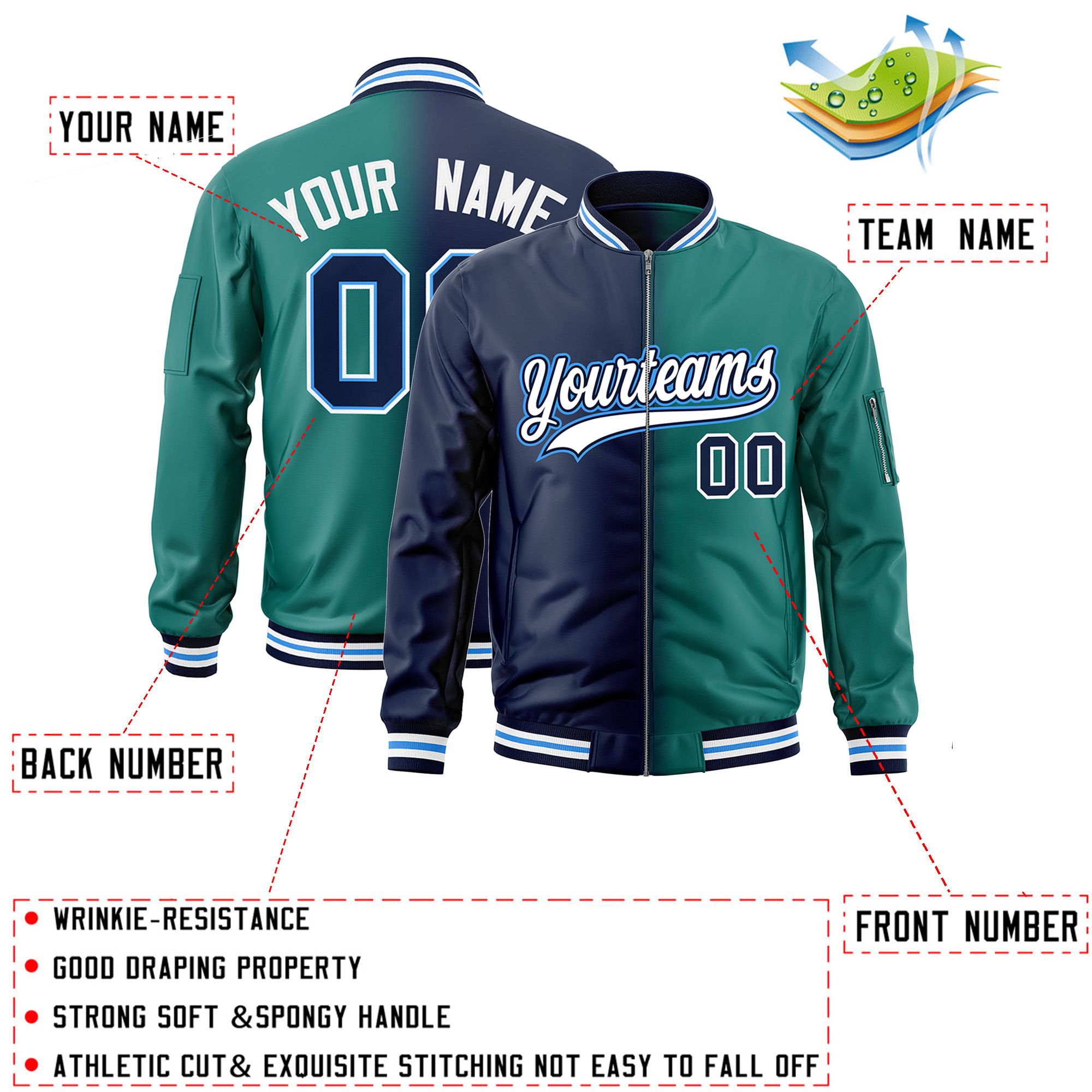 Custom Navy Aqua Full-Zip Gradient Fashion Letterman Bomber Jacket