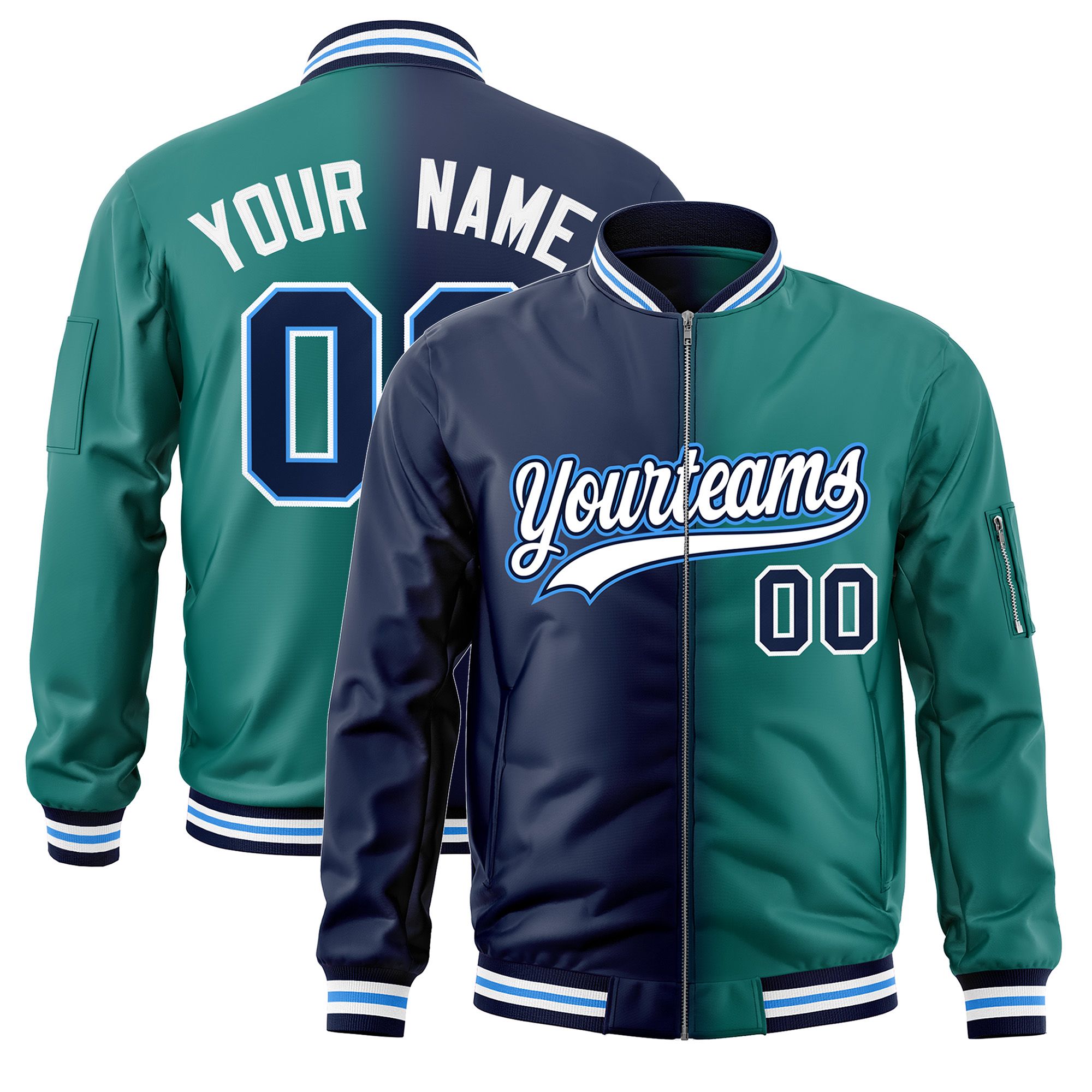 Custom Navy Aqua Full-Zip Gradient Fashion Letterman Bomber Jacket