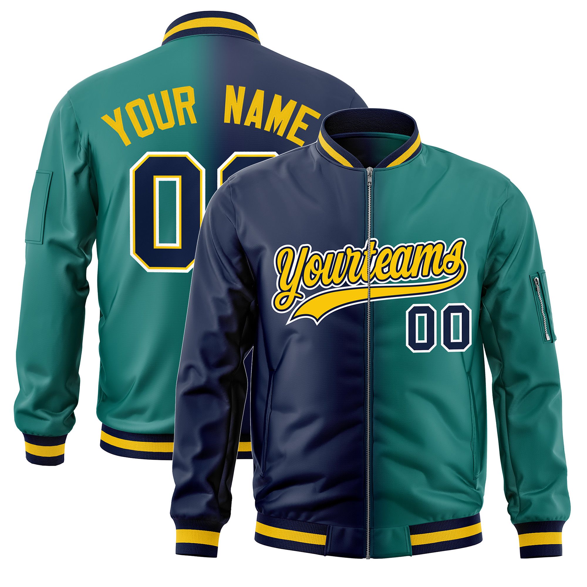 Custom Navy Aqua Full-Zip Gradient Fashion Letterman Bomber Jacket