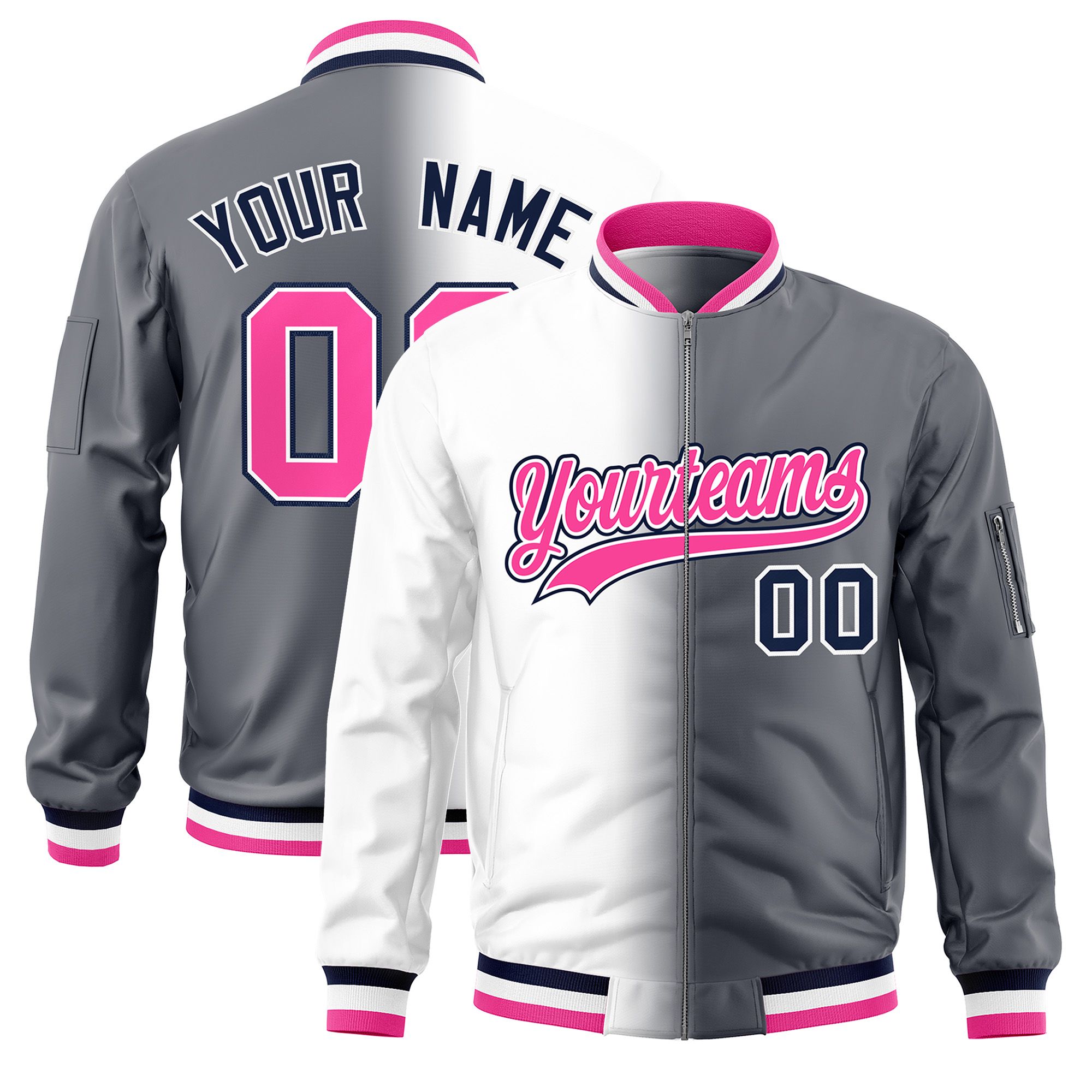 Custom White Dark Gray Full-Zip Gradient Fashion Letterman Bomber Jacket