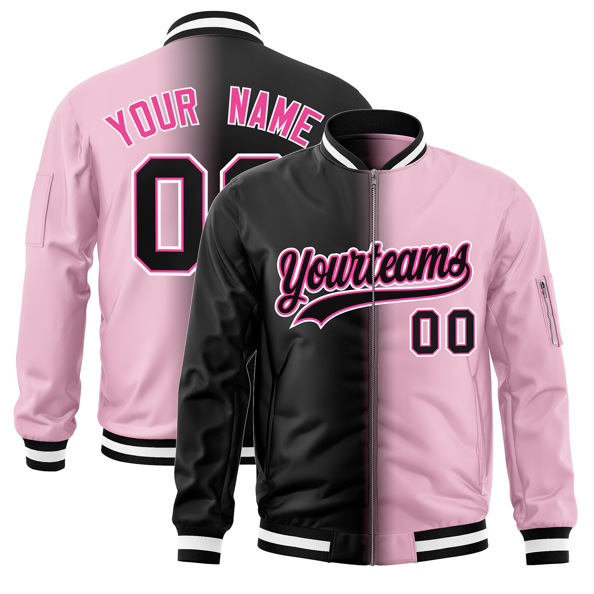 Custom Black Light Pink Full-Zip Gradient Fashion Letterman Bomber Jacket