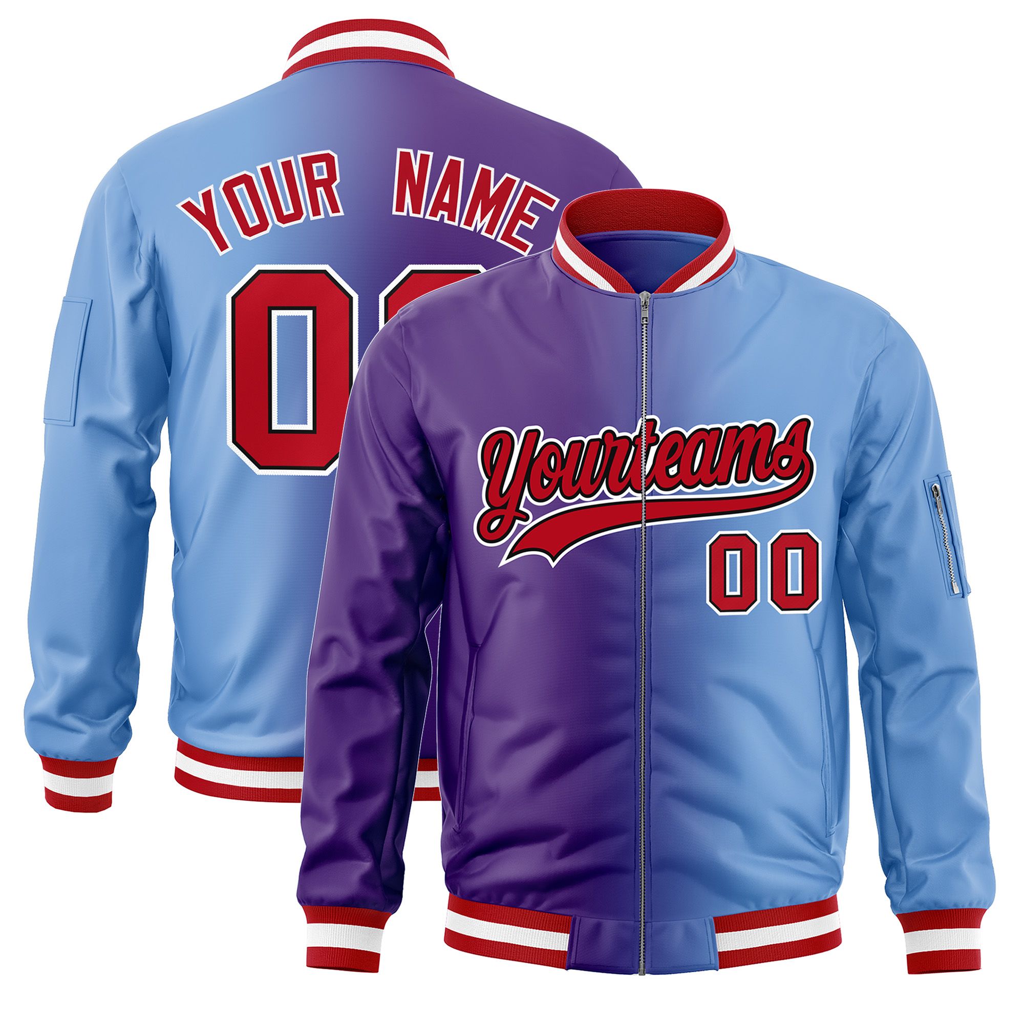 Custom Purple Light Blue Full-Zip Gradient Fashion Letterman Bomber Jacket