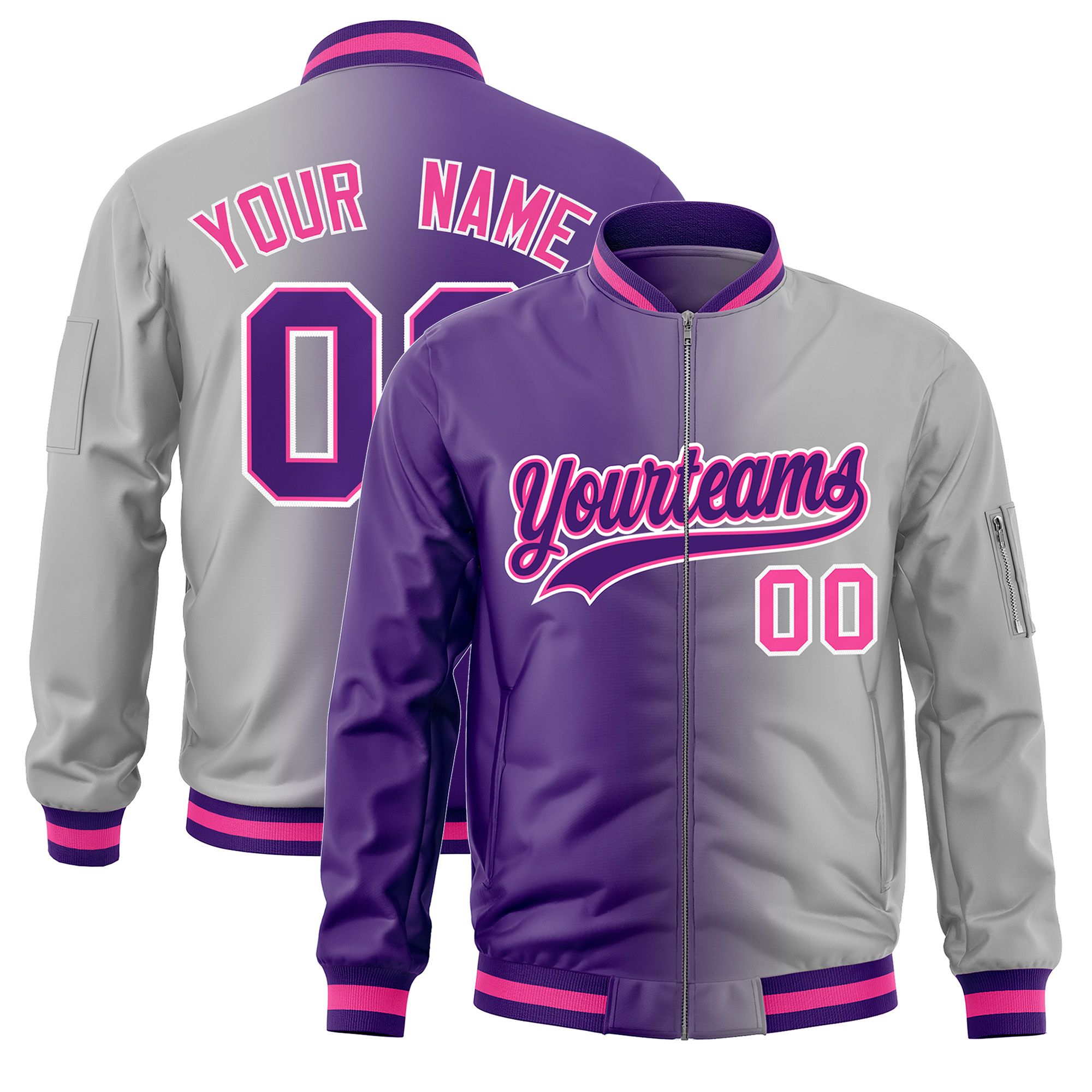 Custom Purple Gray Full-Zip Gradient Fashion Letterman Bomber Jacket