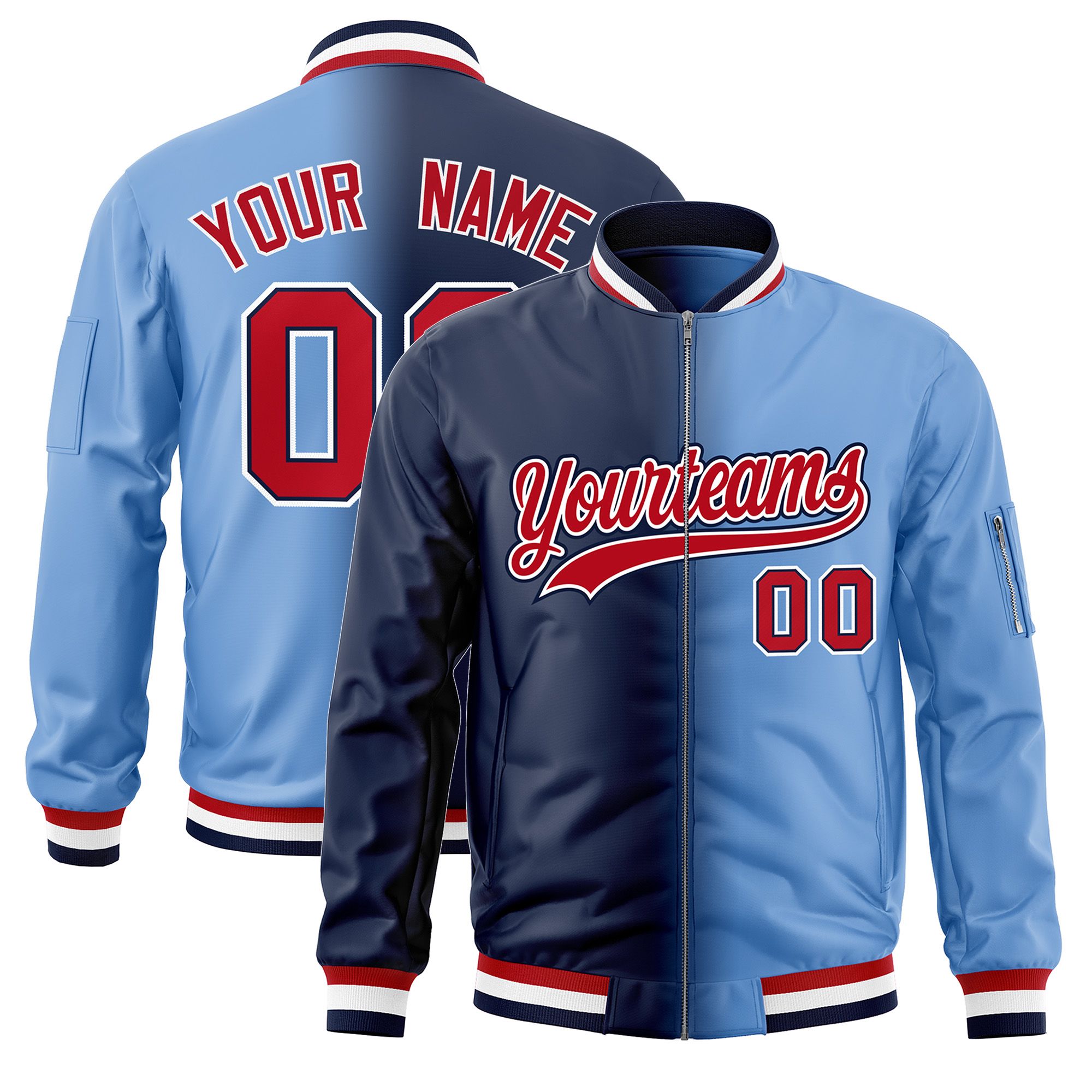 Custom Navy Light Blue Full-Zip Gradient Fashion Letterman Bomber Jacket