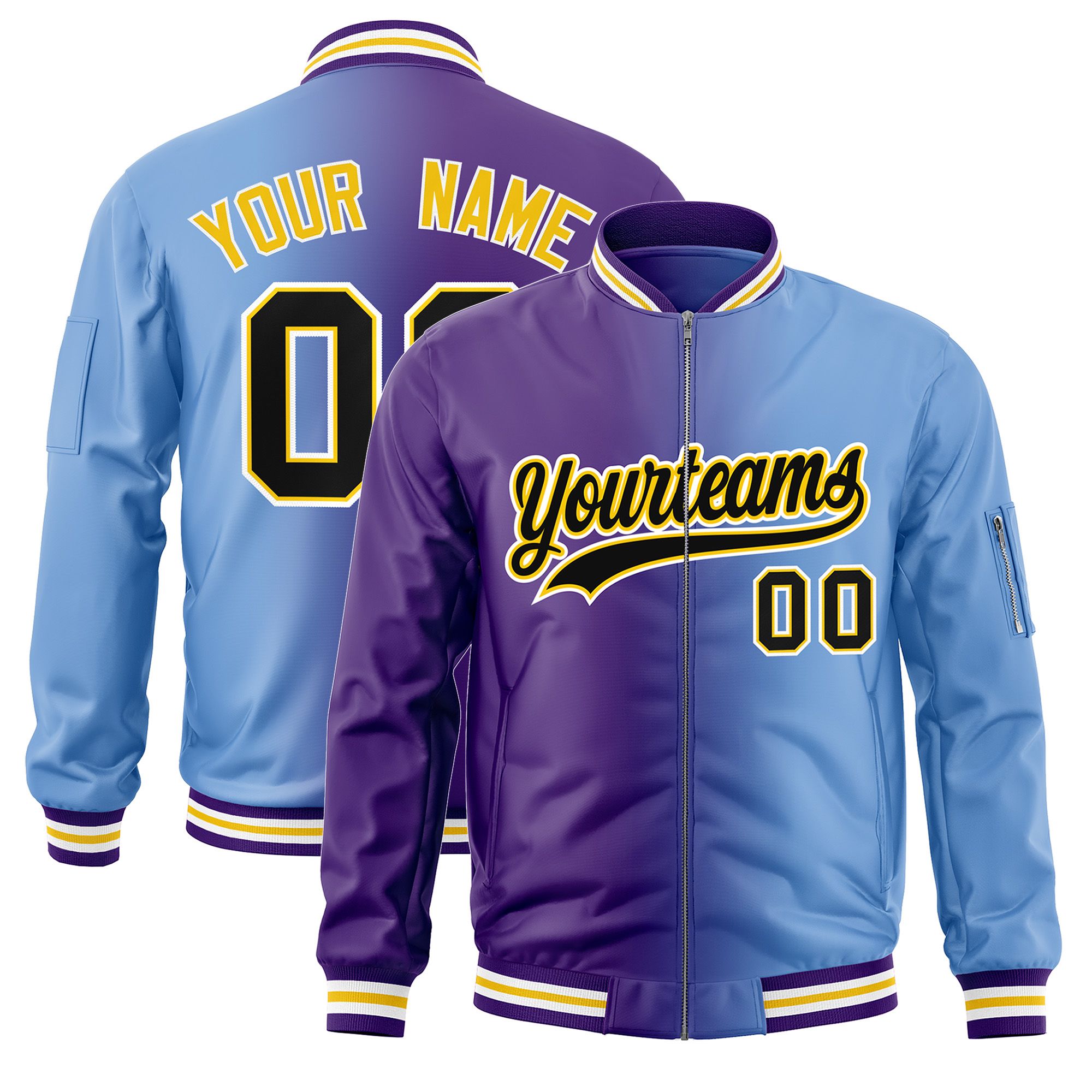 Custom Purple Light Blue Full-Zip Gradient Fashion Letterman Bomber Jacket