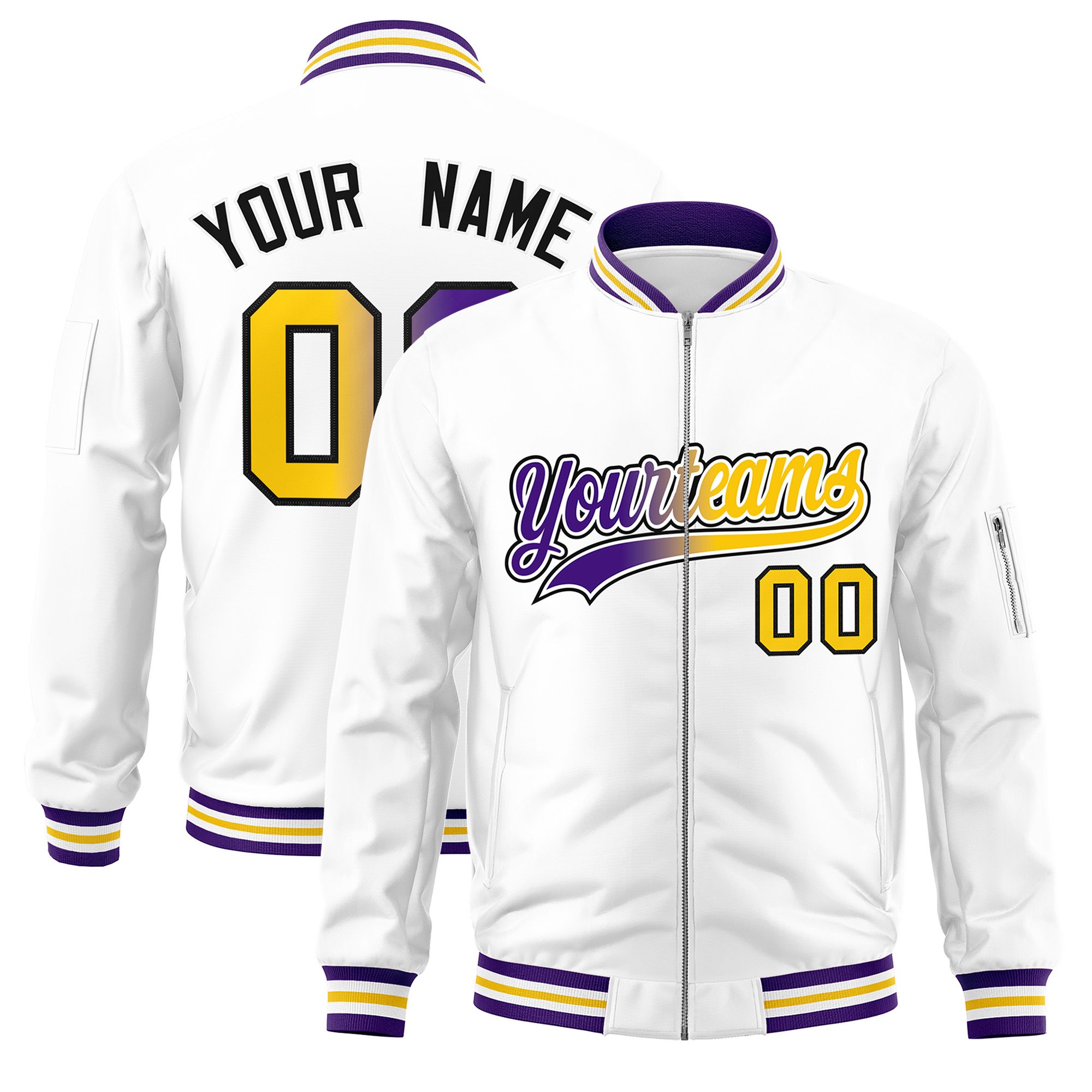 Custom White  Full-Zip Gradient Fashion Letterman Bomber Jacket