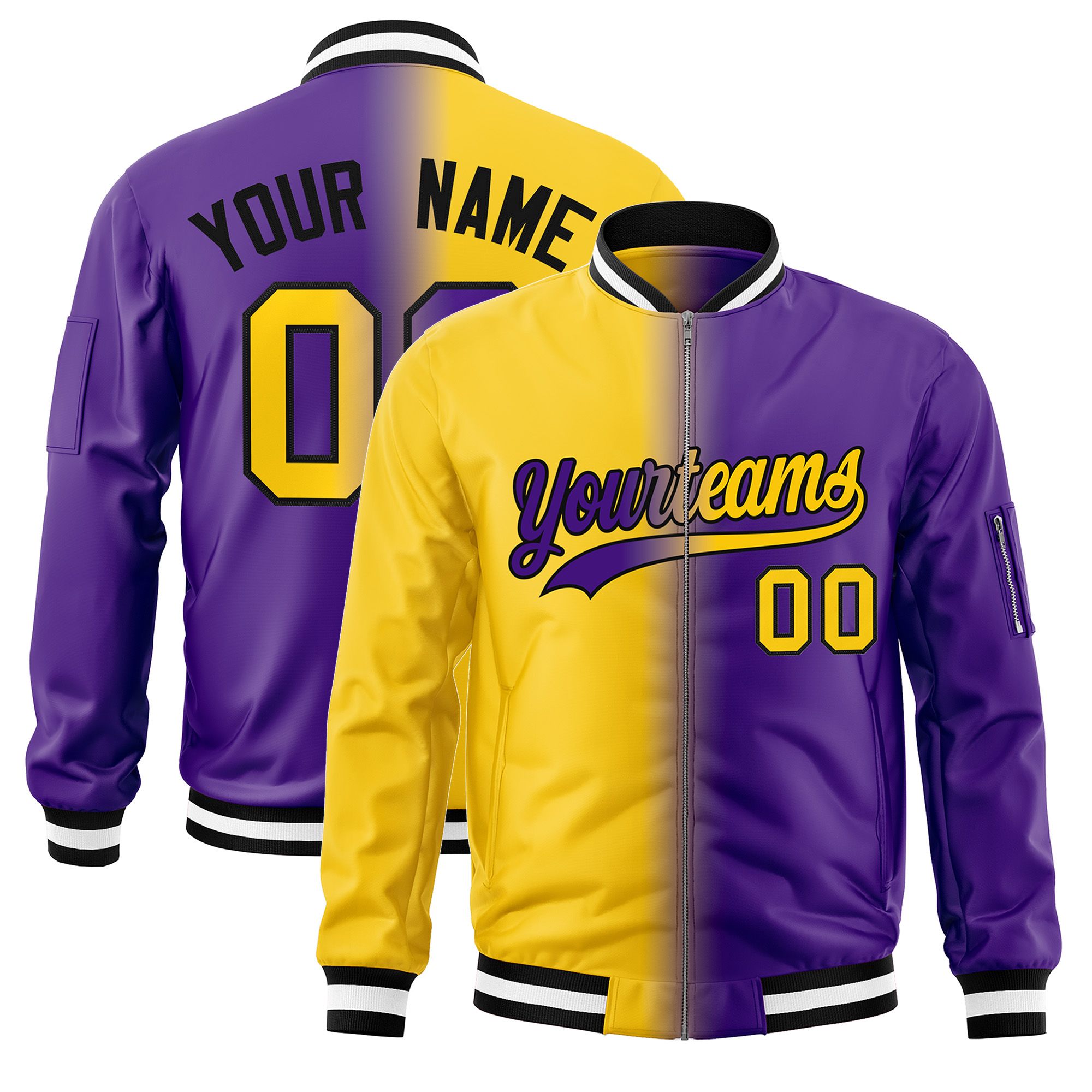 Custom Gold Purple Full-Zip Gradient Fashion Letterman Bomber Jacket