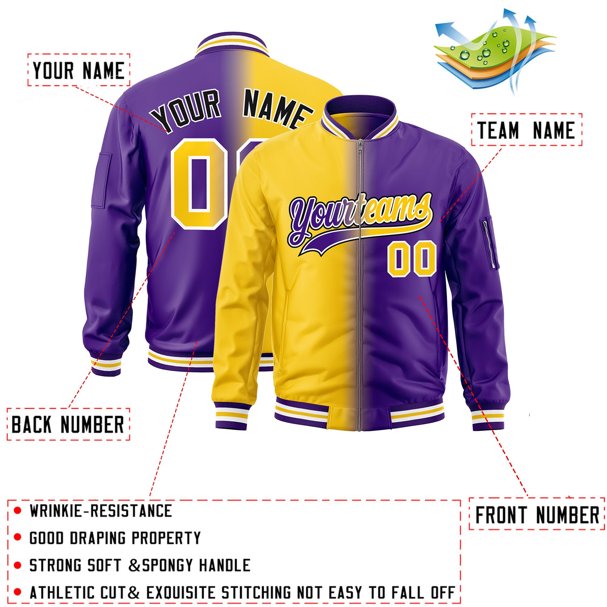 Custom Gold Purple Full-Zip Gradient Fashion Letterman Bomber Jacket