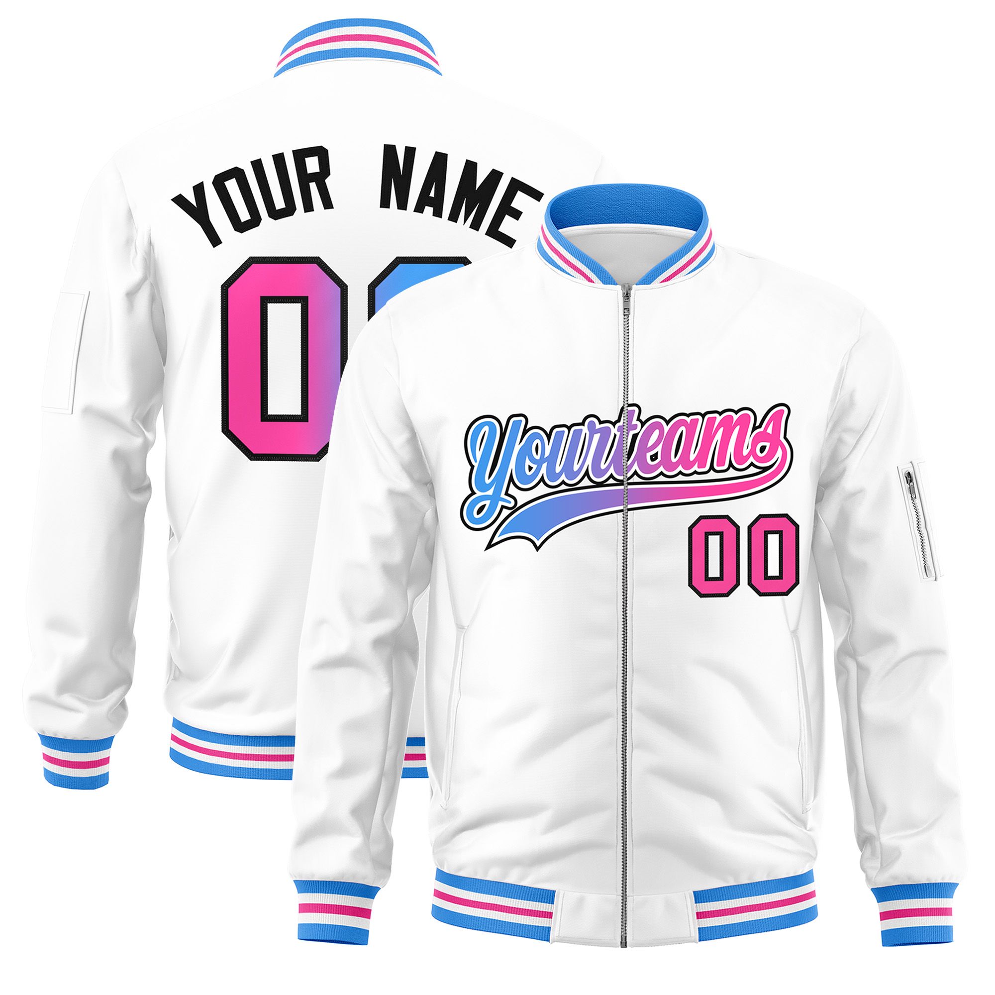 Custom White  Full-Zip Gradient Fashion Letterman Bomber Jacket