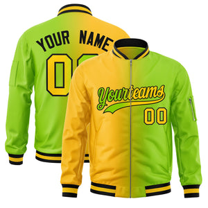 Custom Neon Green Gold Full-Zip Gradient Fashion Letterman Bomber Jacket