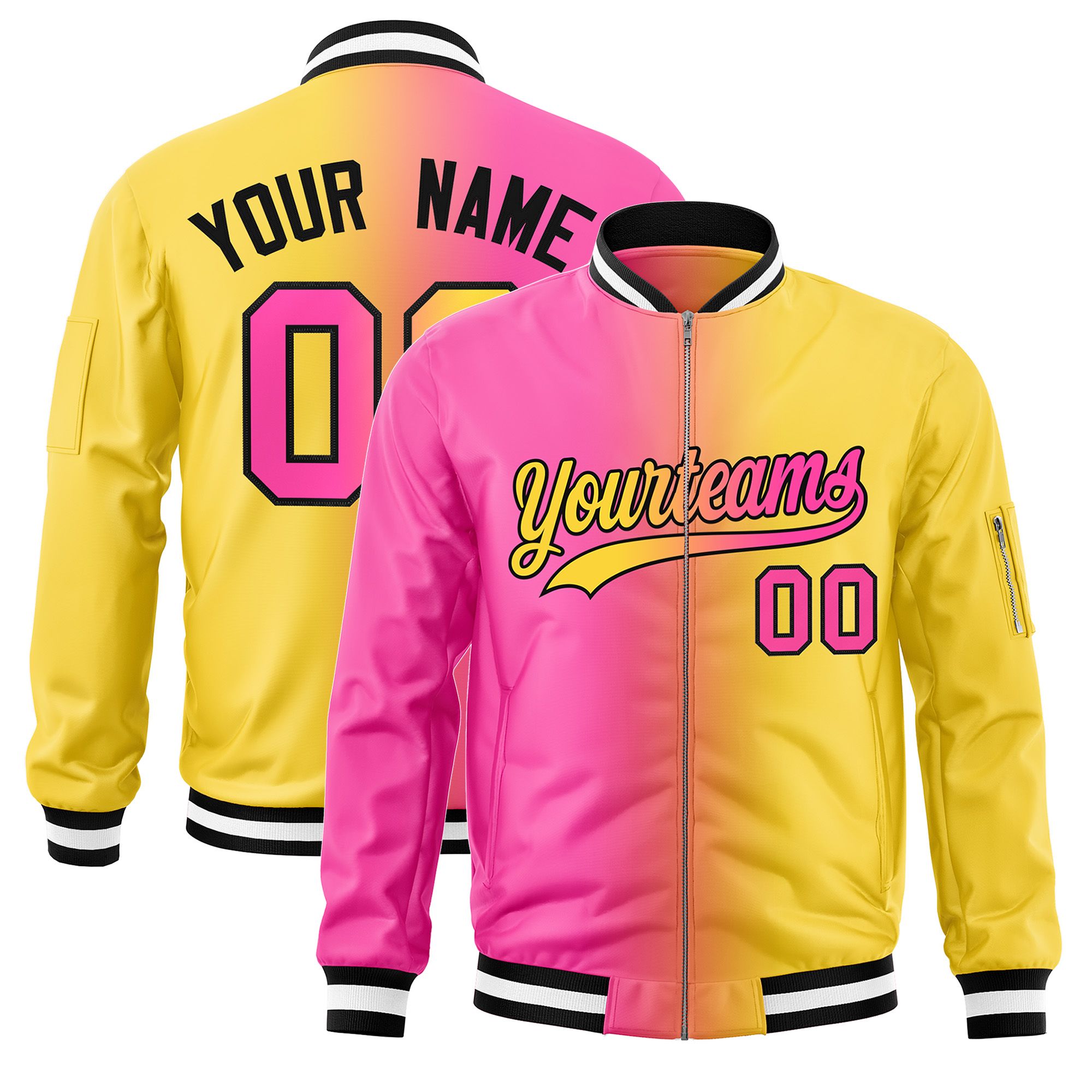 Custom Pink Gold Full-Zip Gradient Fashion Letterman Bomber Jacket