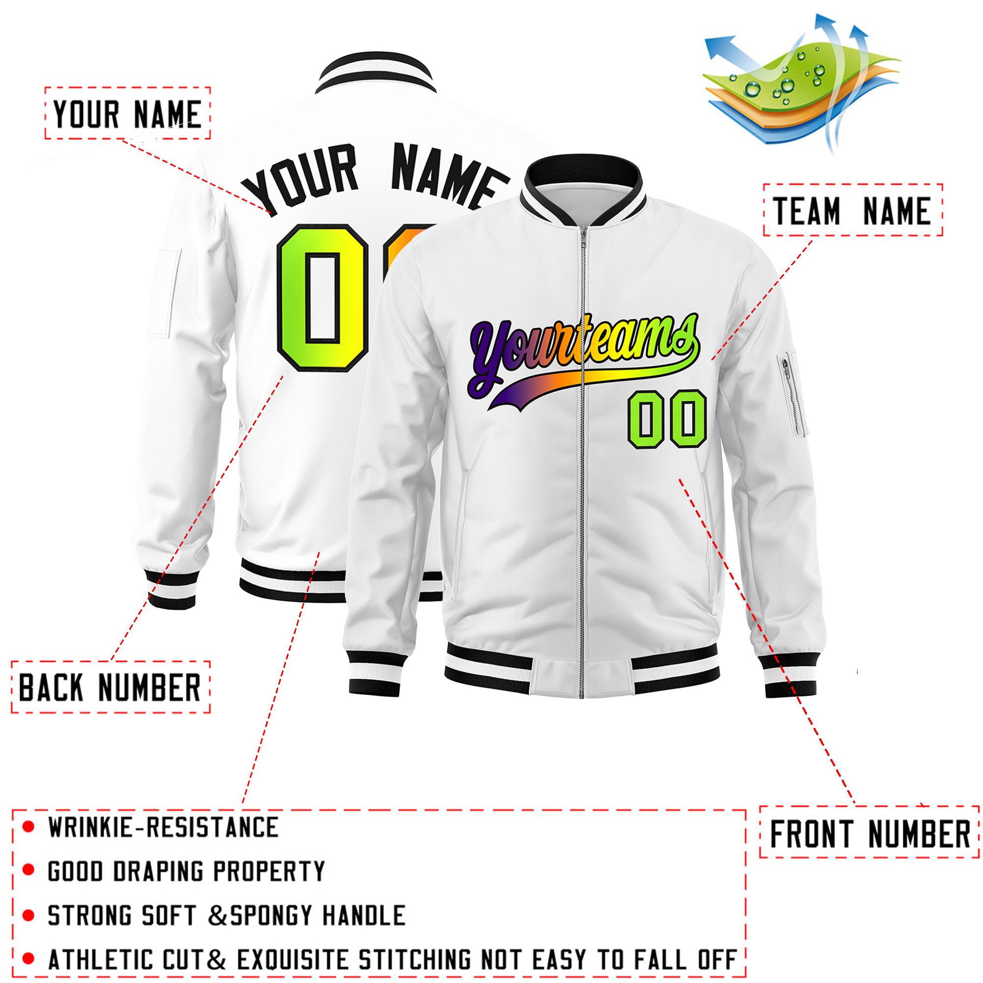 Custom White  Full-Zip Gradient Fashion Letterman Bomber Jacket