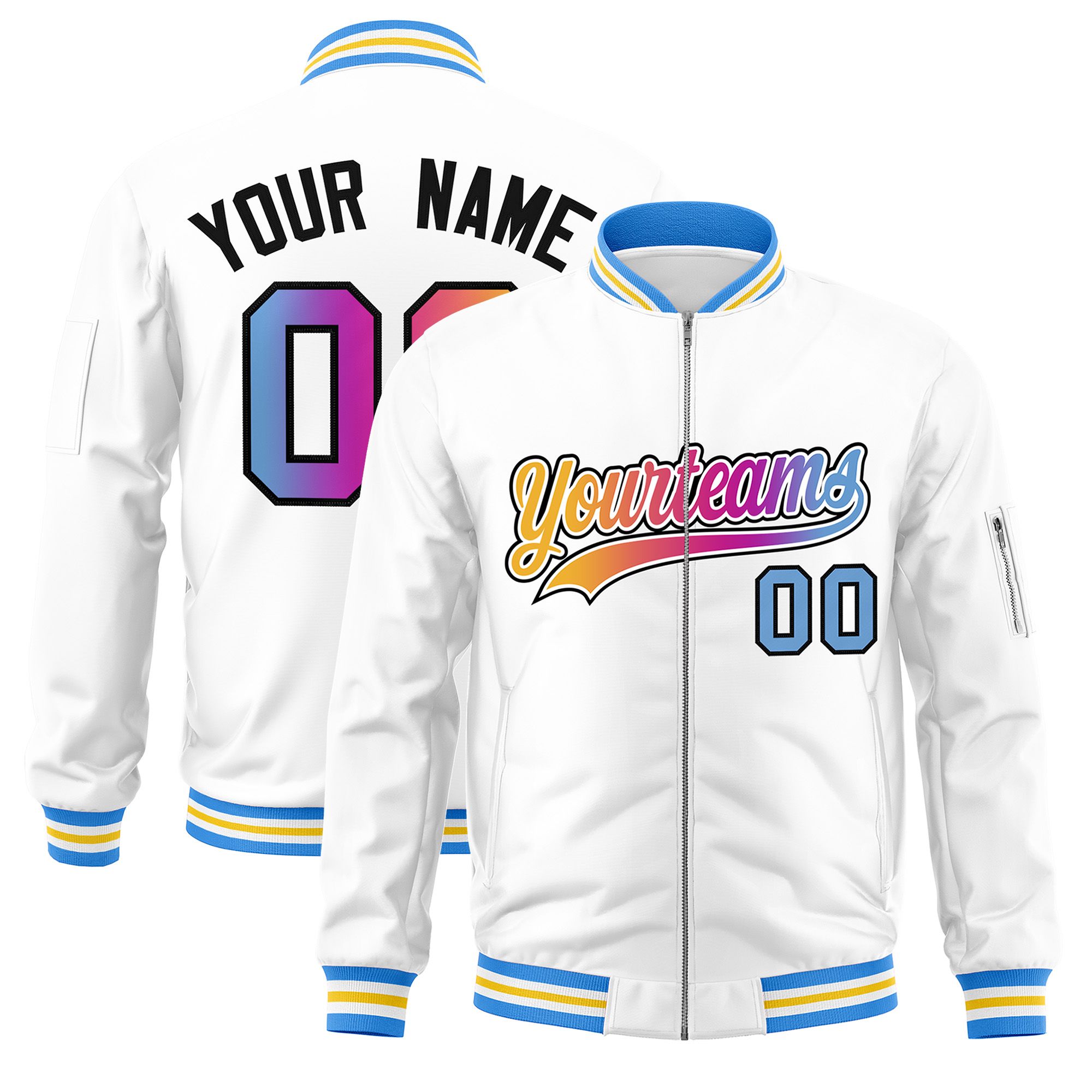 Custom White  Full-Zip Gradient Fashion Letterman Bomber Jacket