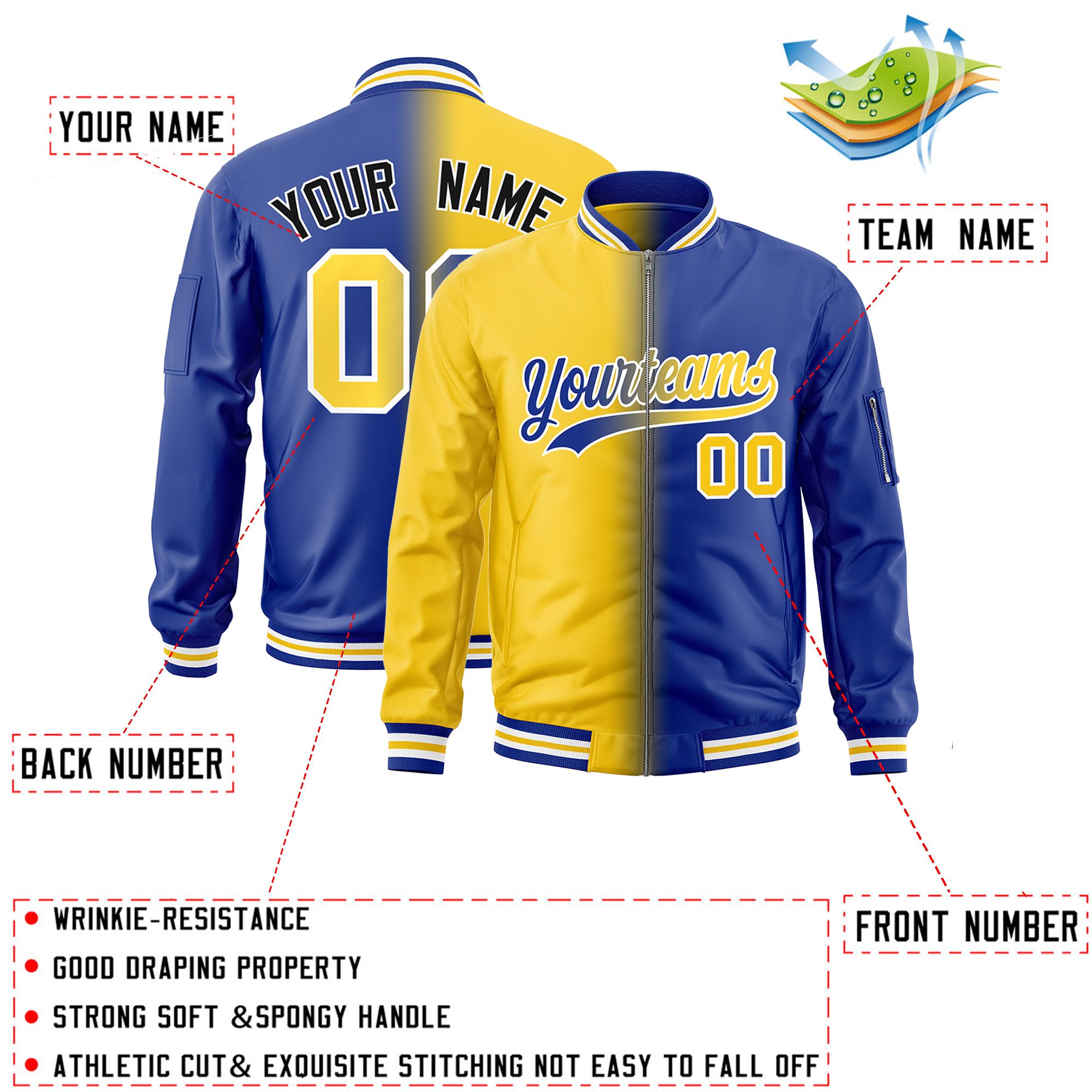 Custom Gold Royal Full-Zip Gradient Fashion Letterman Bomber Jacket