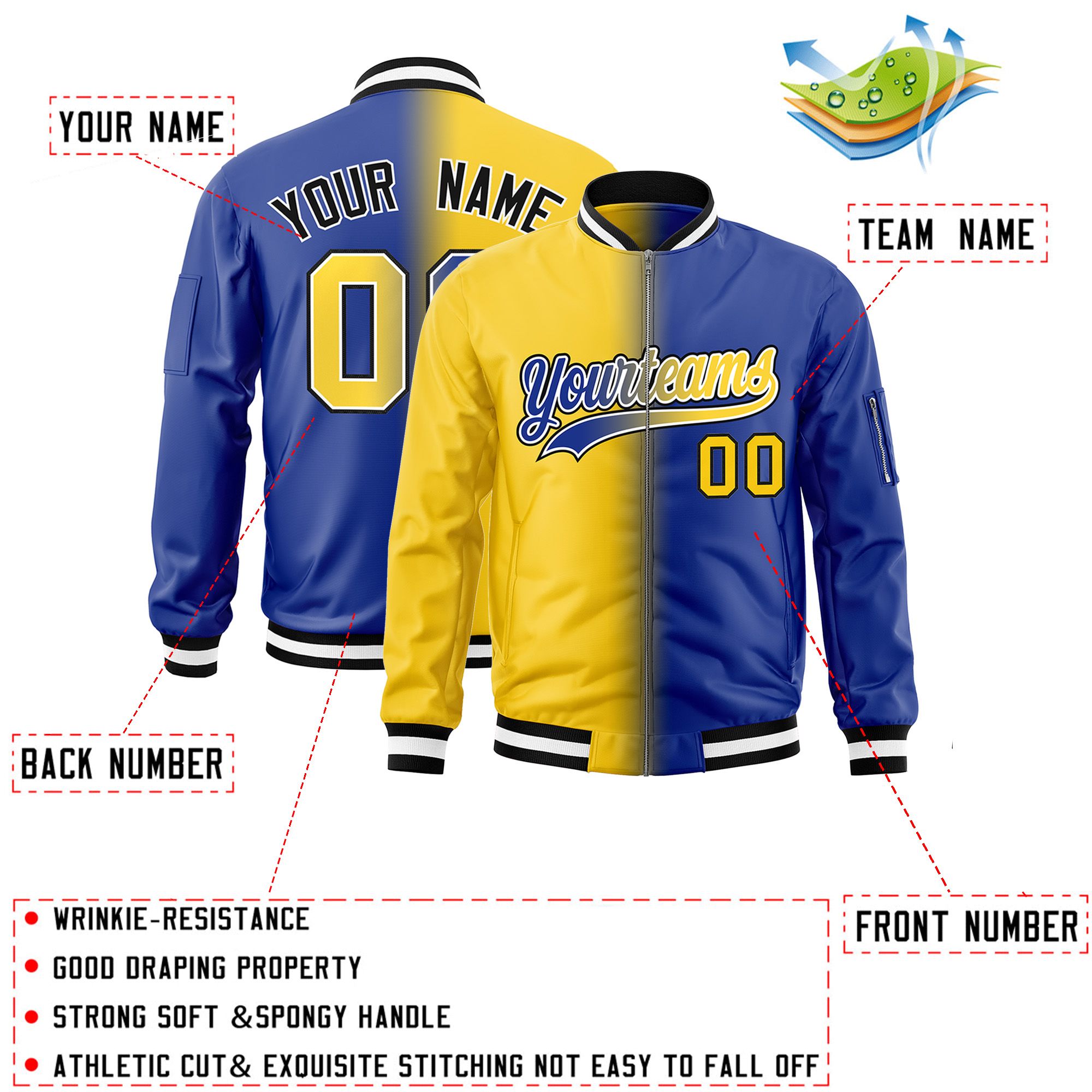 Custom Gold Royal Full-Zip Gradient Fashion Letterman Bomber Jacket