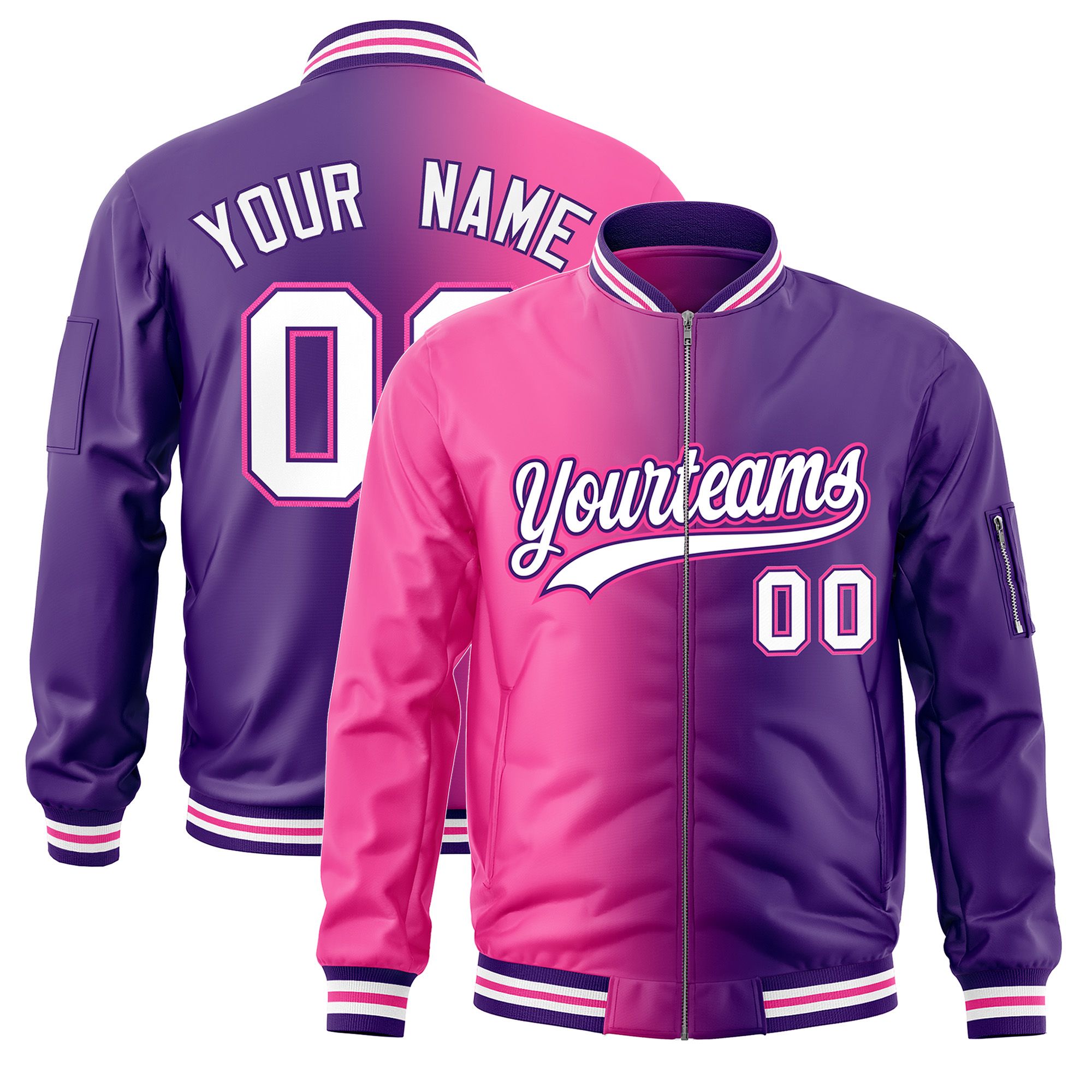 Custom Pink Purple Full-Zip Gradient Fashion Letterman Bomber Jacket