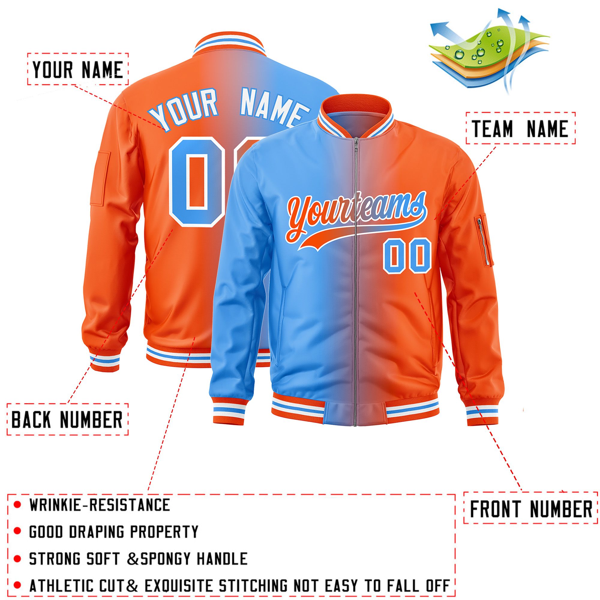 Custom Powder Blue Orange Full-Zip Gradient Fashion Letterman Bomber Jacket