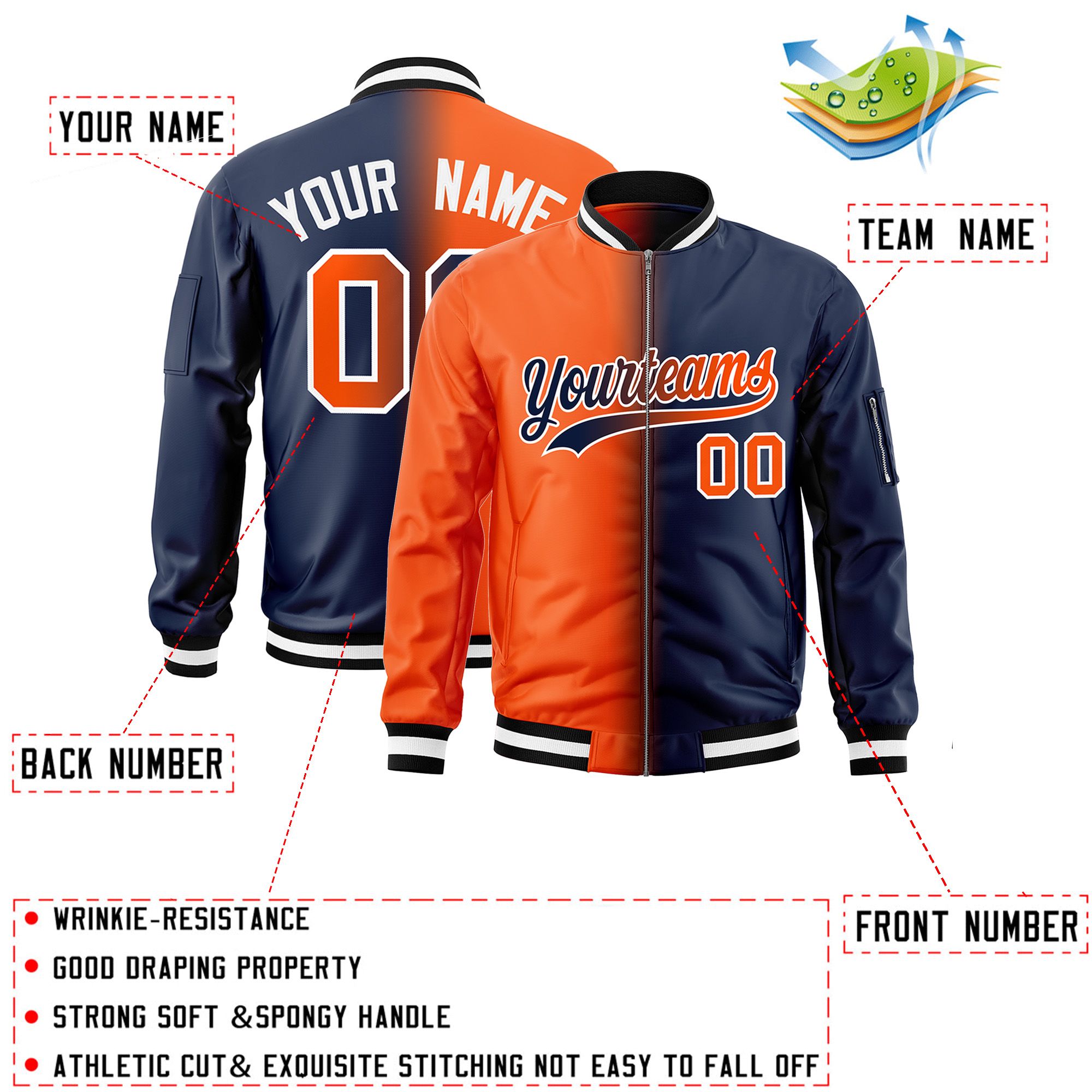 Custom Orange Navy Full-Zip Gradient Fashion Letterman Bomber Jacket