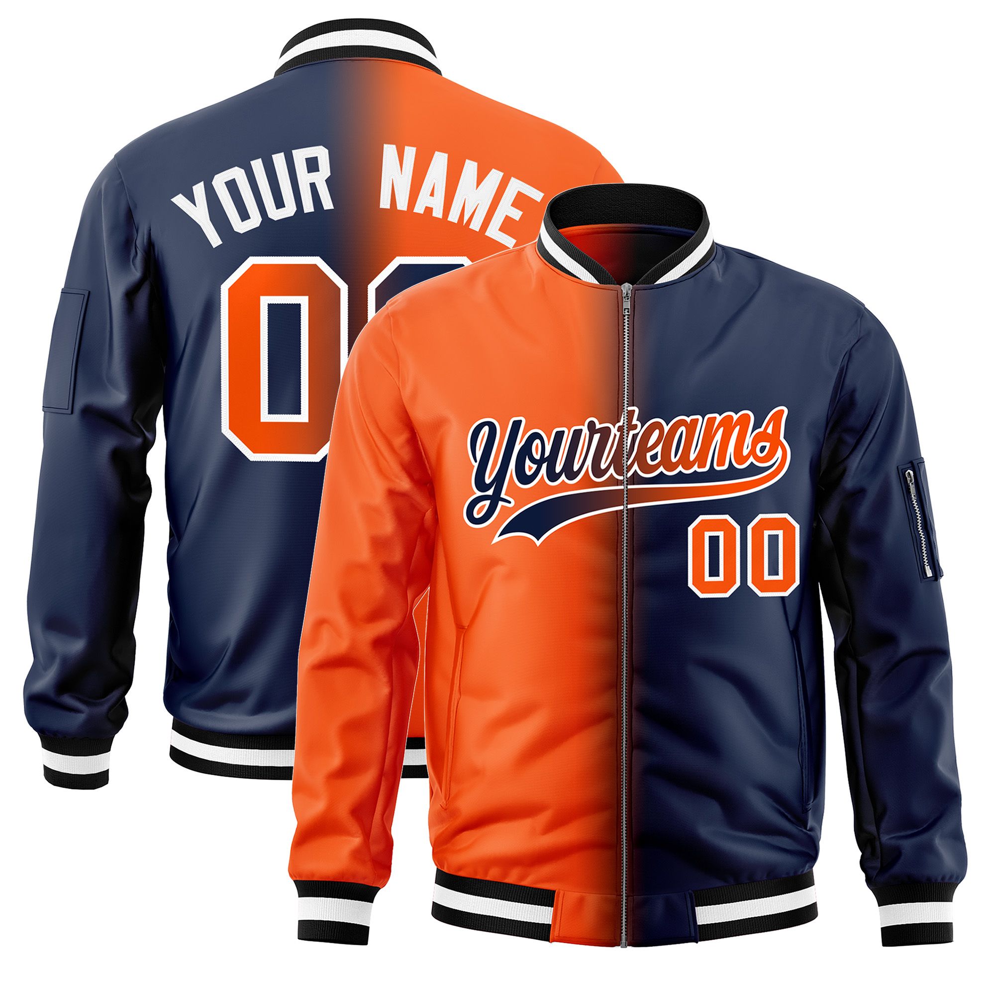 Custom Orange Navy Full-Zip Gradient Fashion Letterman Bomber Jacket