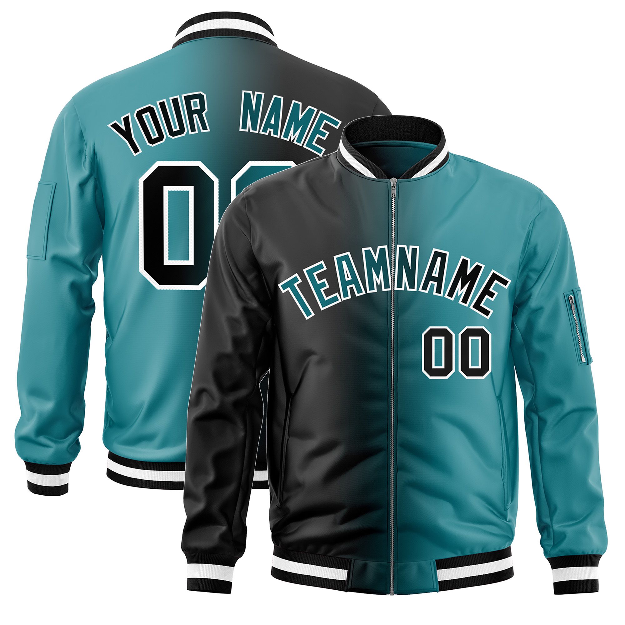 Custom Black Aqua Full-Zip Gradient Fashion Letterman Bomber Jacket