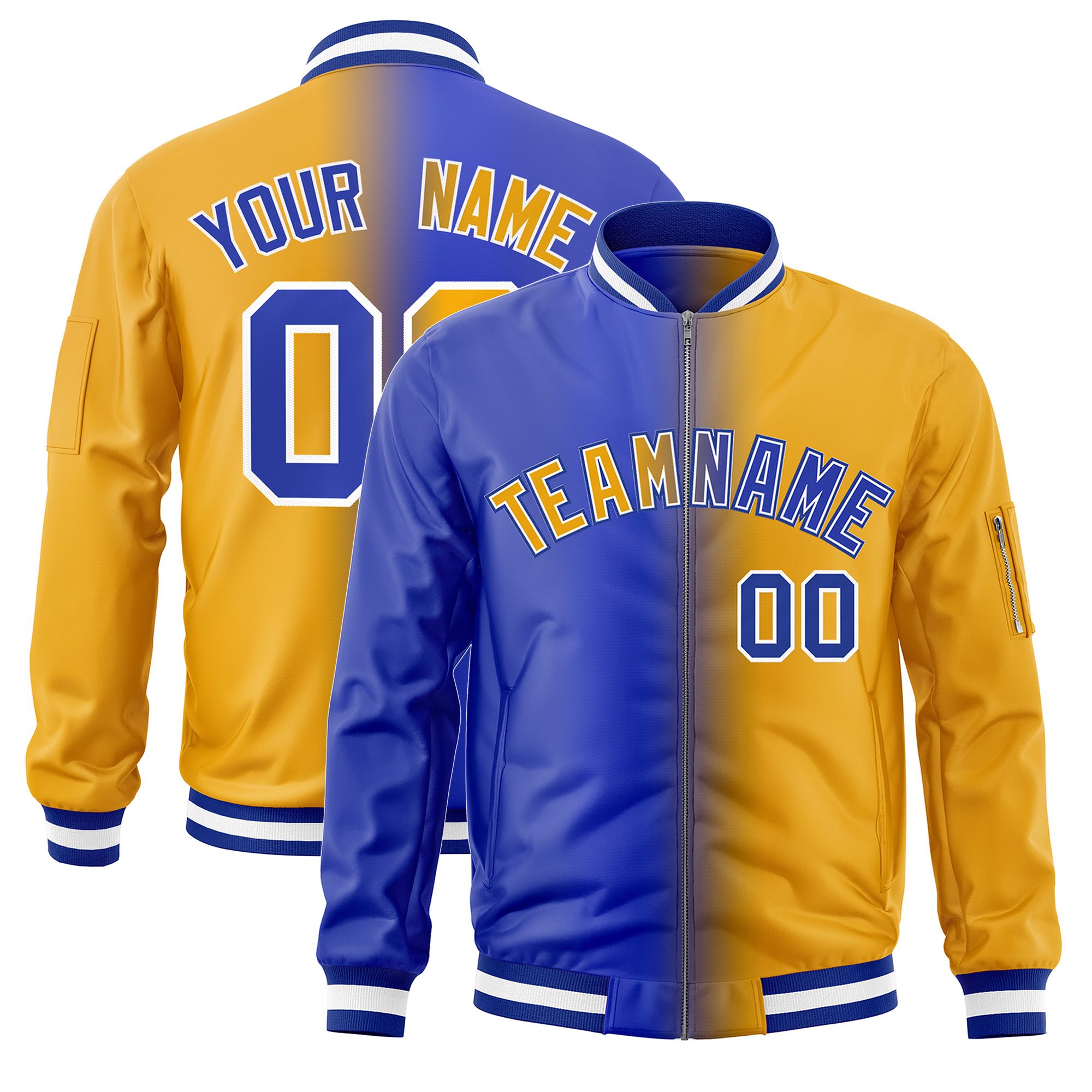 Custom Royal Yellow Full-Zip Gradient Fashion Letterman Bomber Jacket