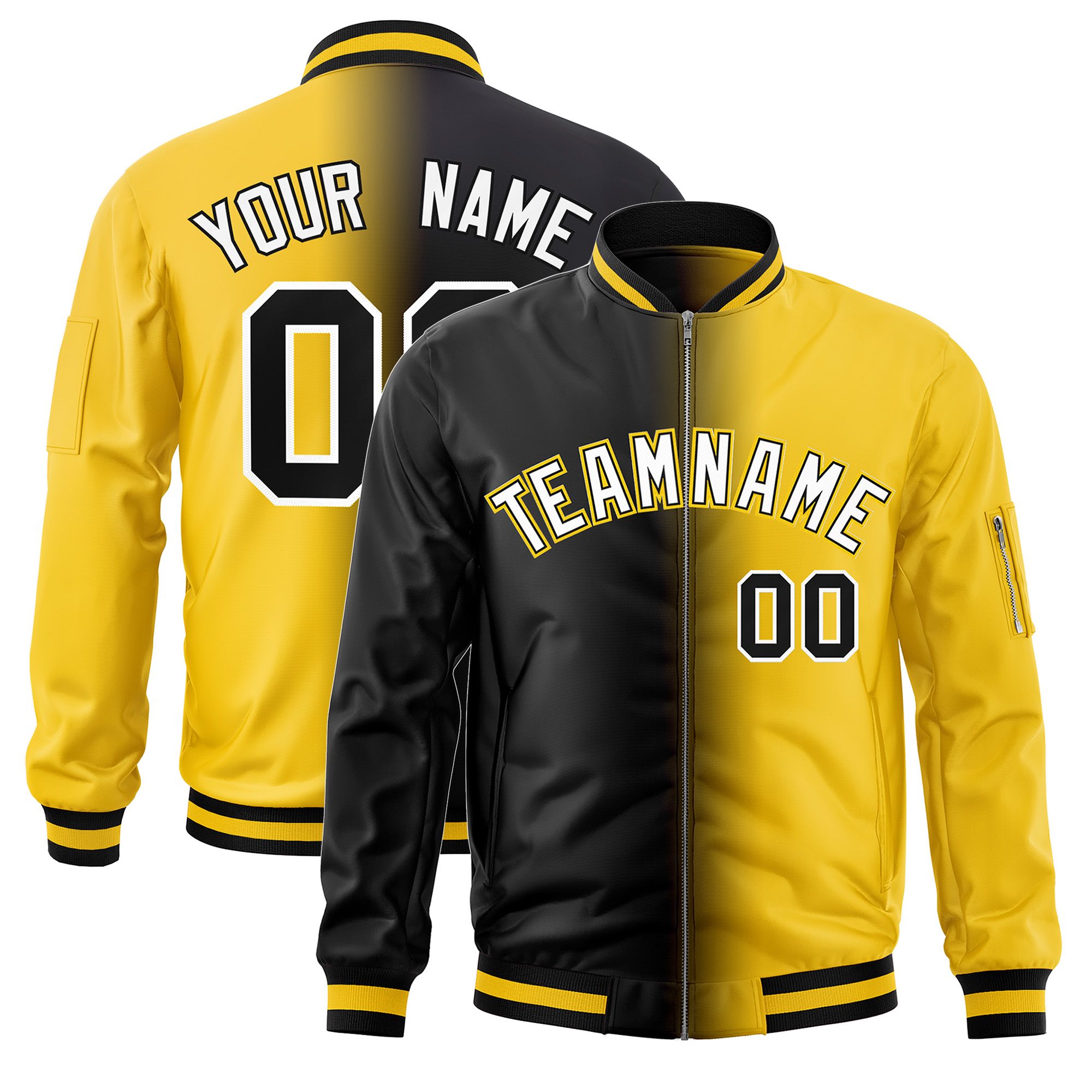 Custom Black Gold Full-Zip Gradient Fashion Letterman Bomber Jacket