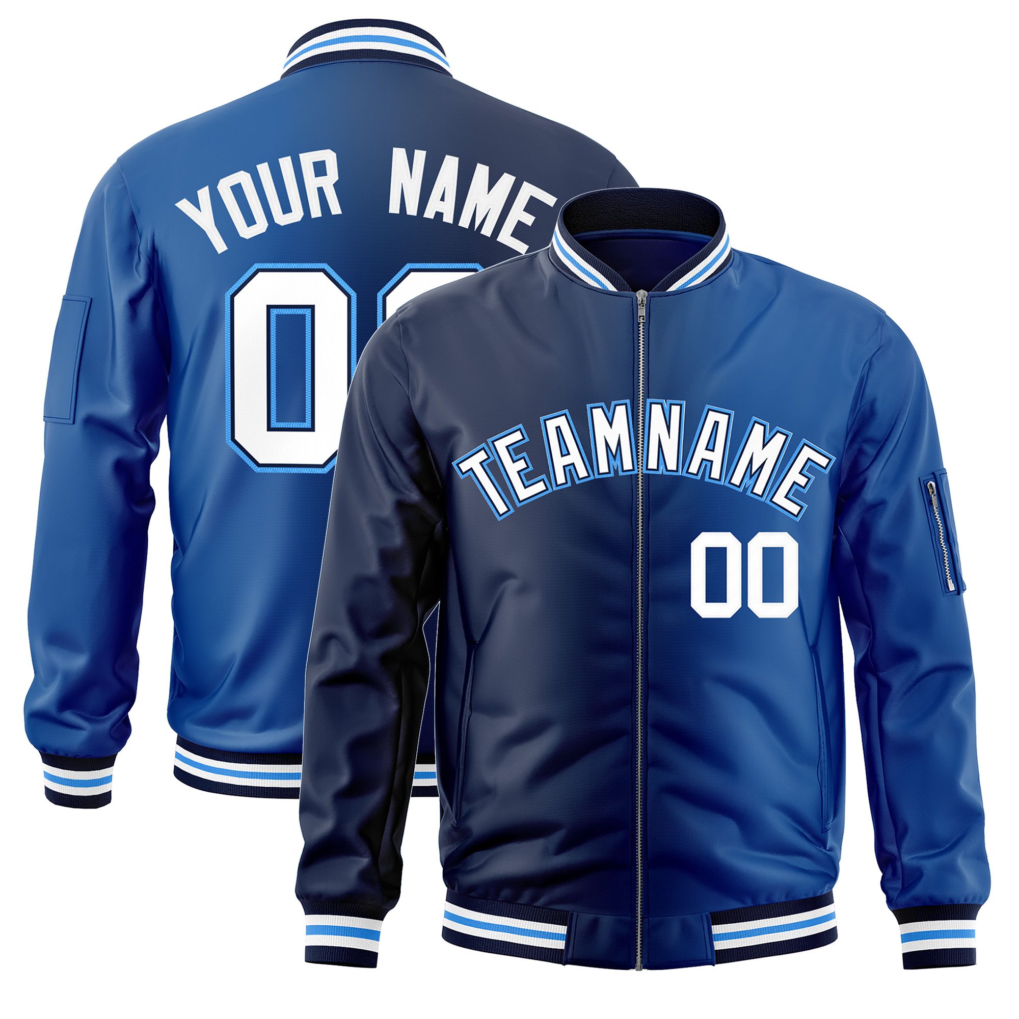 Custom Navy Royal Full-Zip Gradient Fashion Letterman Bomber Jacket