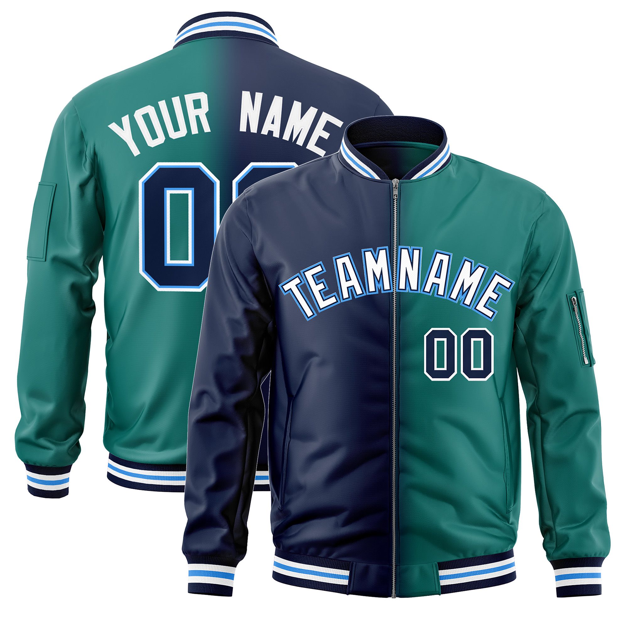 Custom Navy Aqua Full-Zip Gradient Fashion Letterman Bomber Jacket