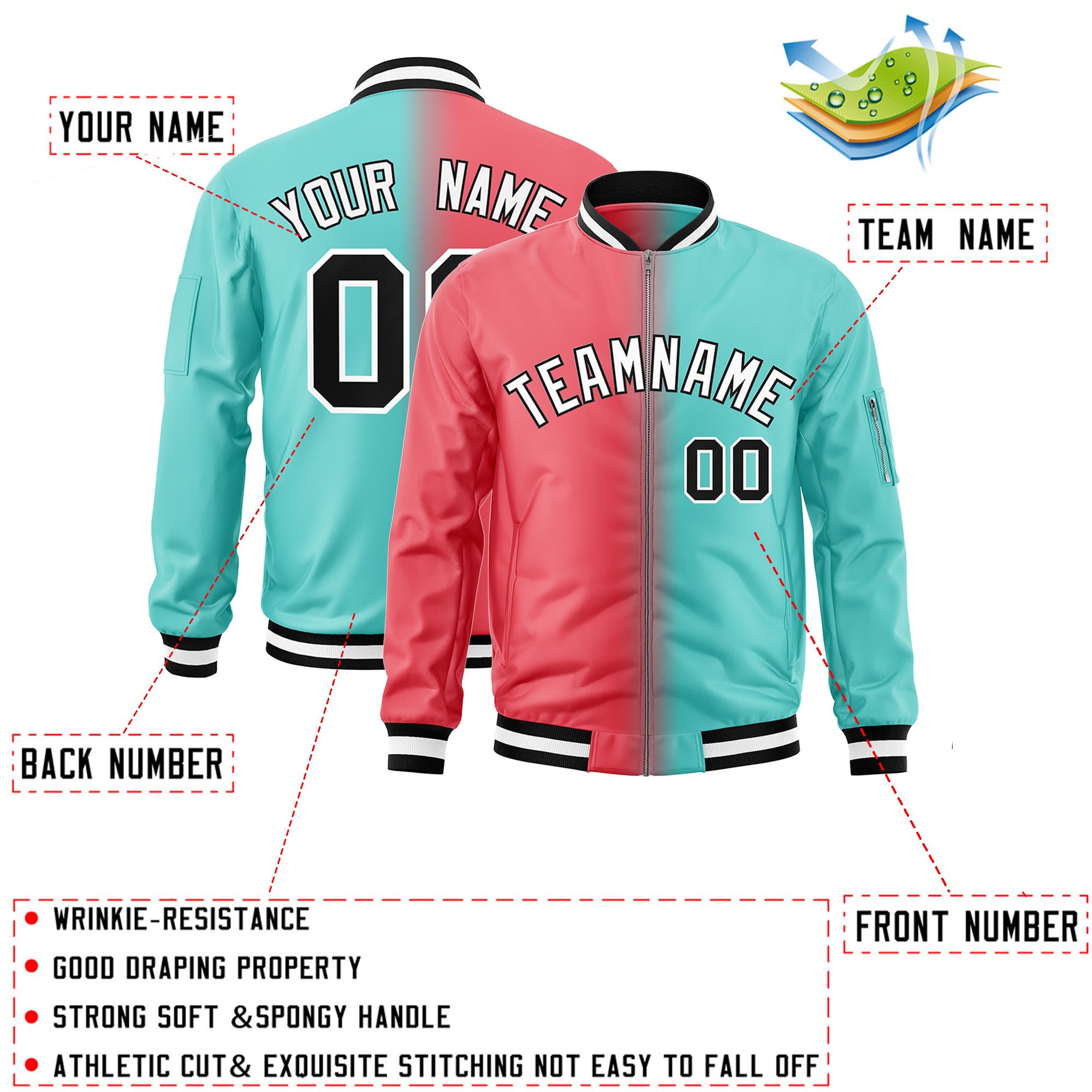 Custom Light Red Bright Green Full-Zip Gradient Fashion Letterman Bomber Jacket