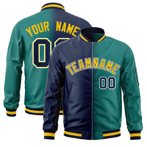 Custom Navy Aqua Full-Zip Gradient Fashion Letterman Bomber Jacket