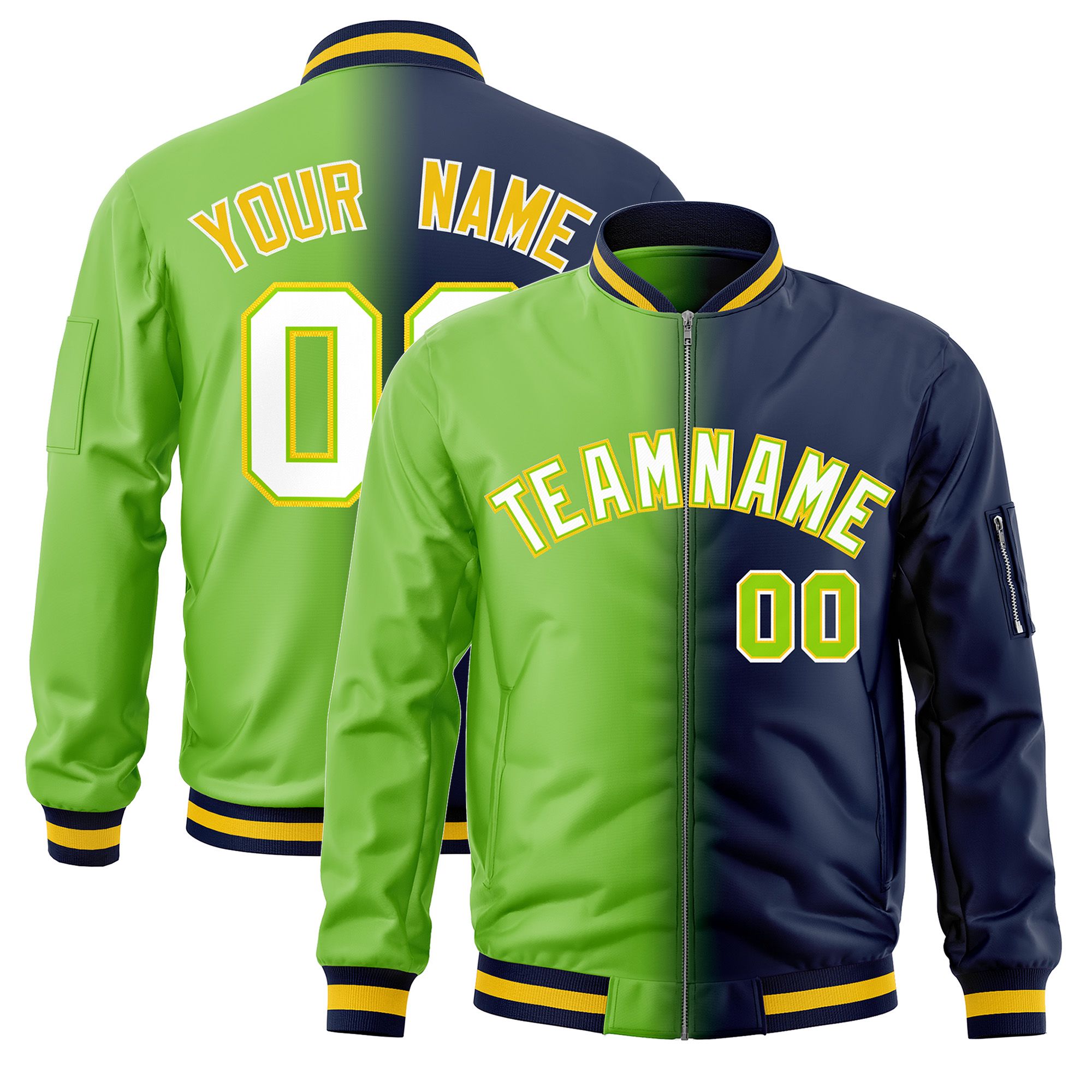 Custom Neon Green Navy Full-Zip Gradient Fashion Letterman Bomber Jacket