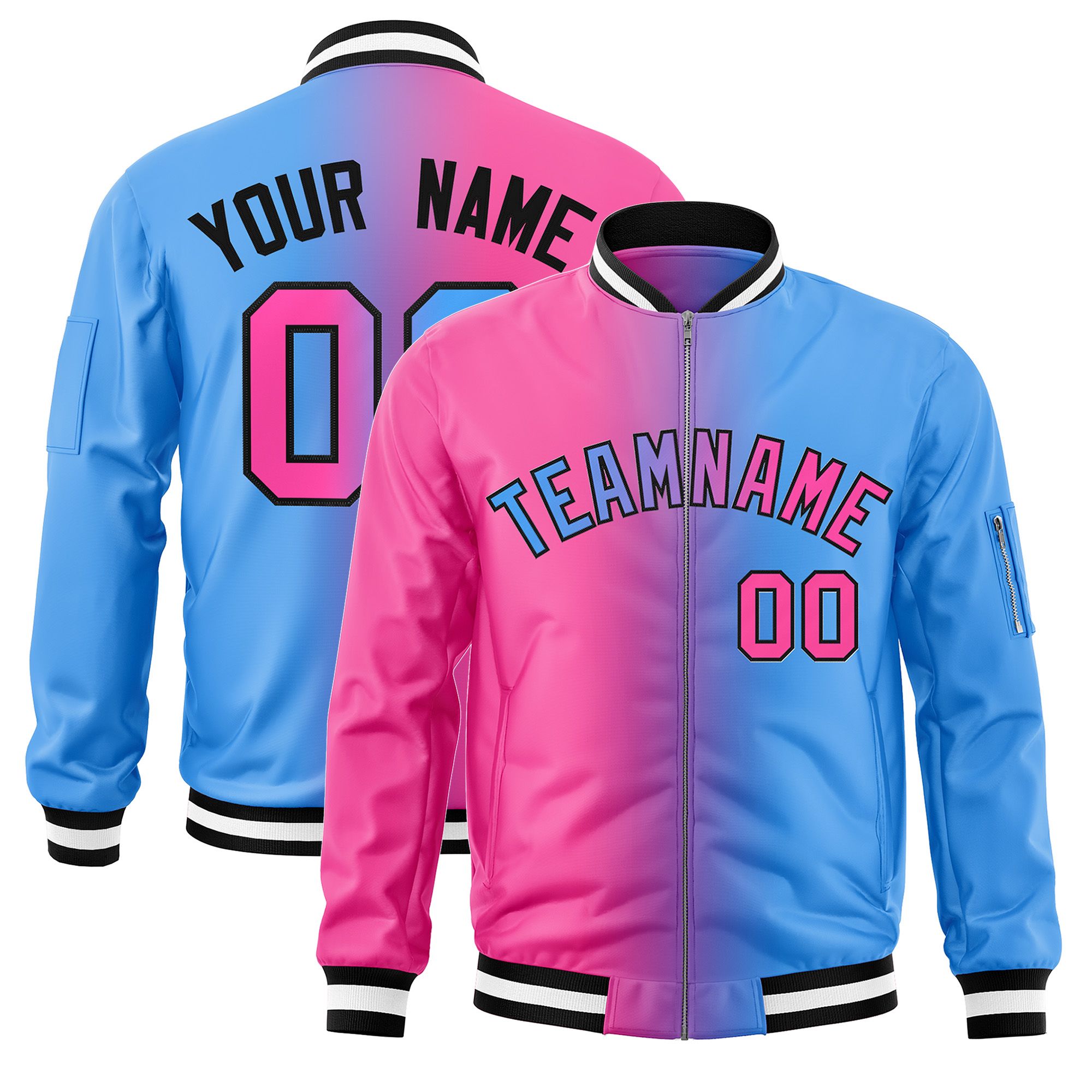 Custom Pink Powder Blue Full-Zip Gradient Fashion Letterman Bomber Jacket