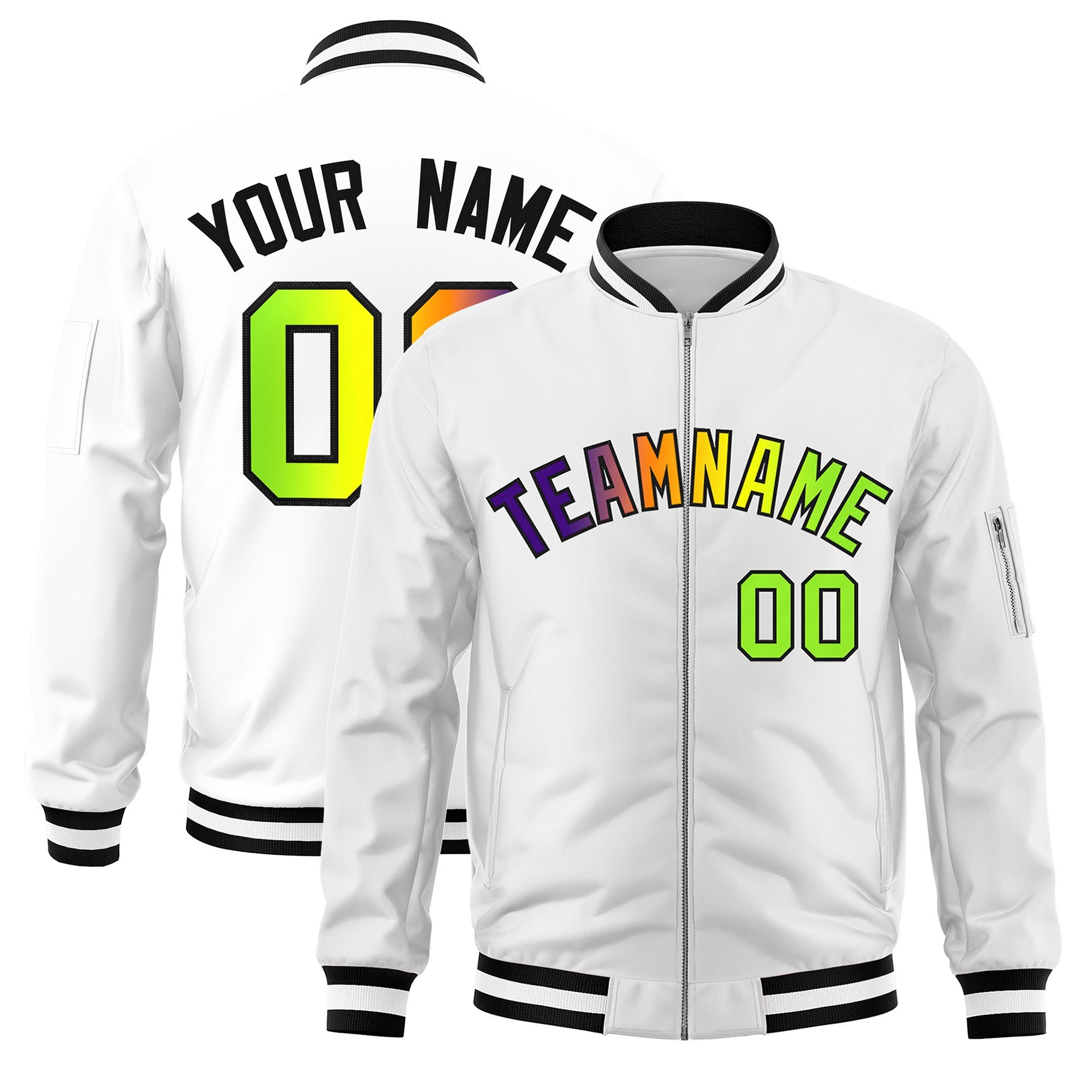 Custom White  Full-Zip Gradient Fashion Letterman Bomber Jacket