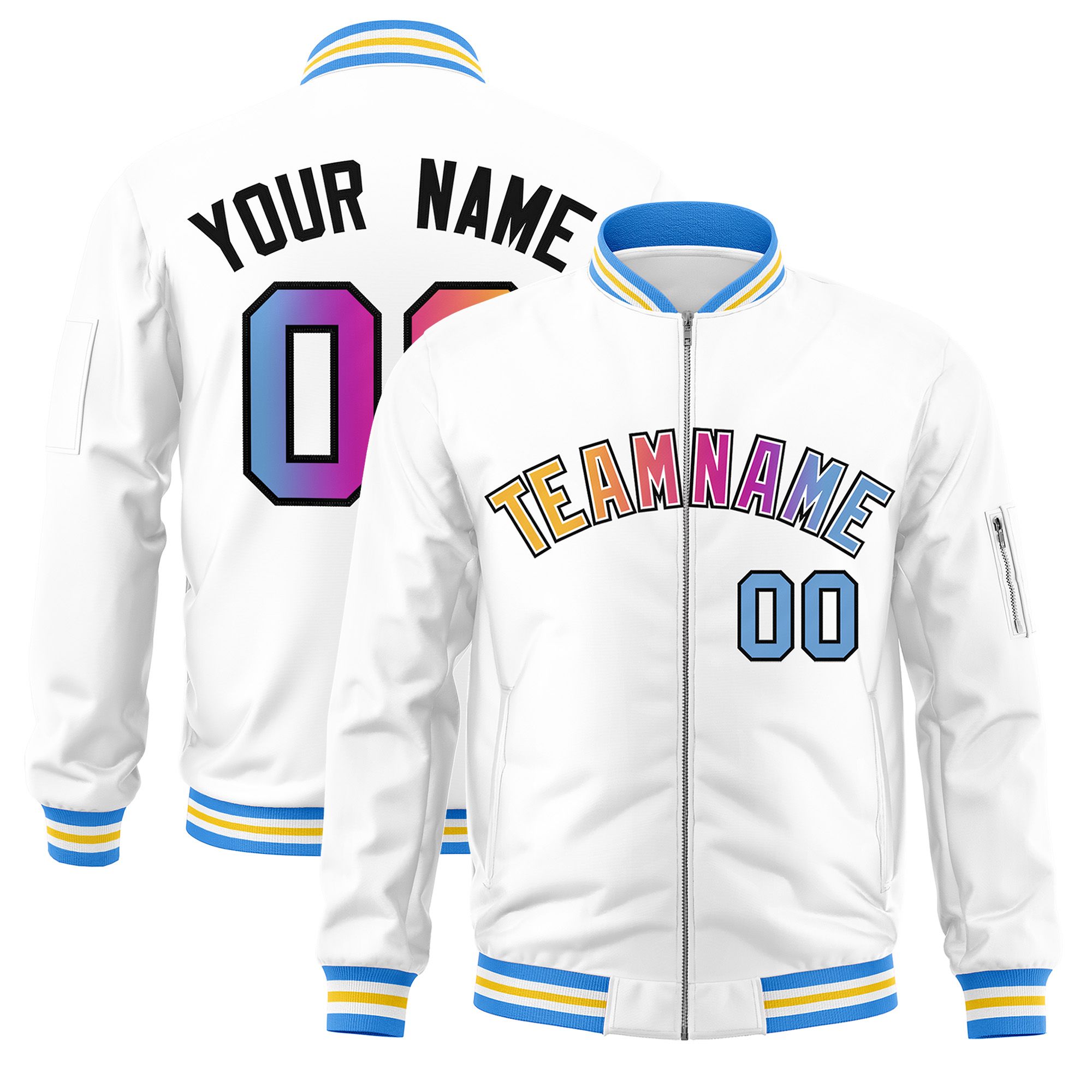 Custom White  Full-Zip Gradient Fashion Letterman Bomber Jacket