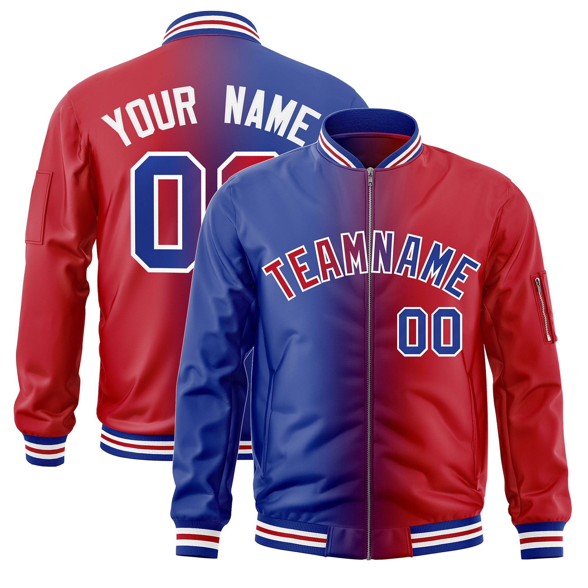 Custom Royal Red Full-Zip Gradient Fashion Letterman Bomber Jacket