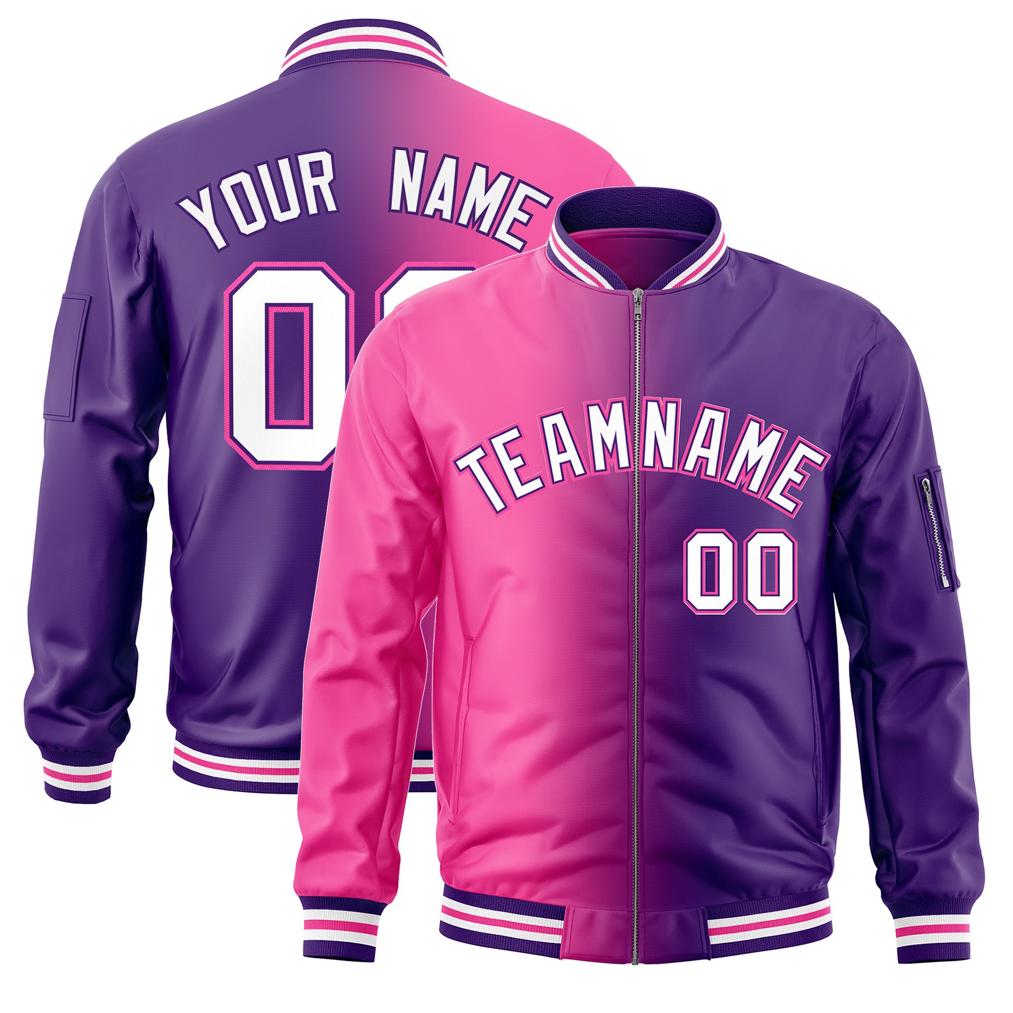 Custom Pink Purple Full-Zip Gradient Fashion Letterman Bomber Jacket