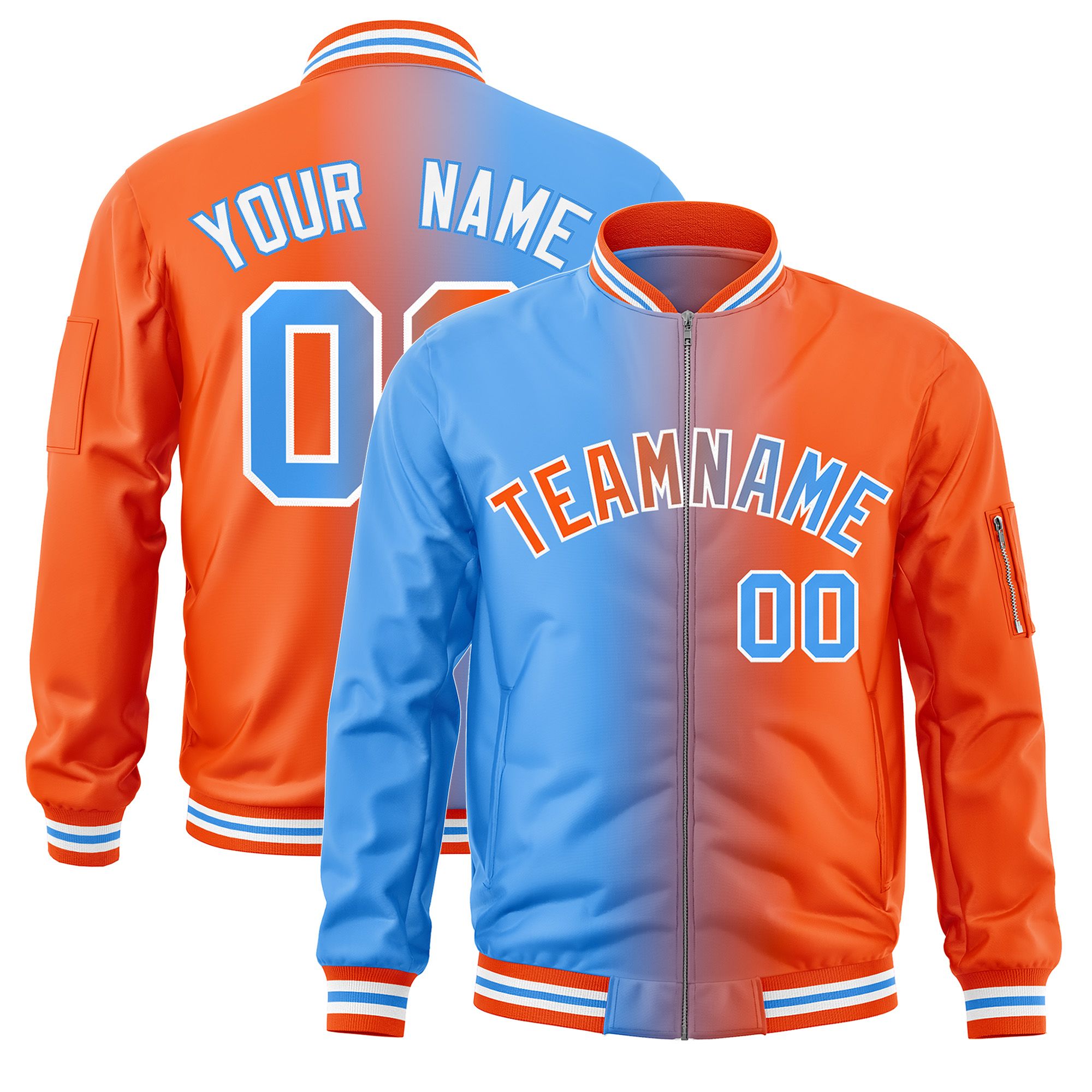 Custom Powder Blue Orange Full-Zip Gradient Fashion Letterman Bomber Jacket