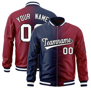 Custom Navy Crimson Full-Zip Gradient Fashion Letterman Bomber Jacket