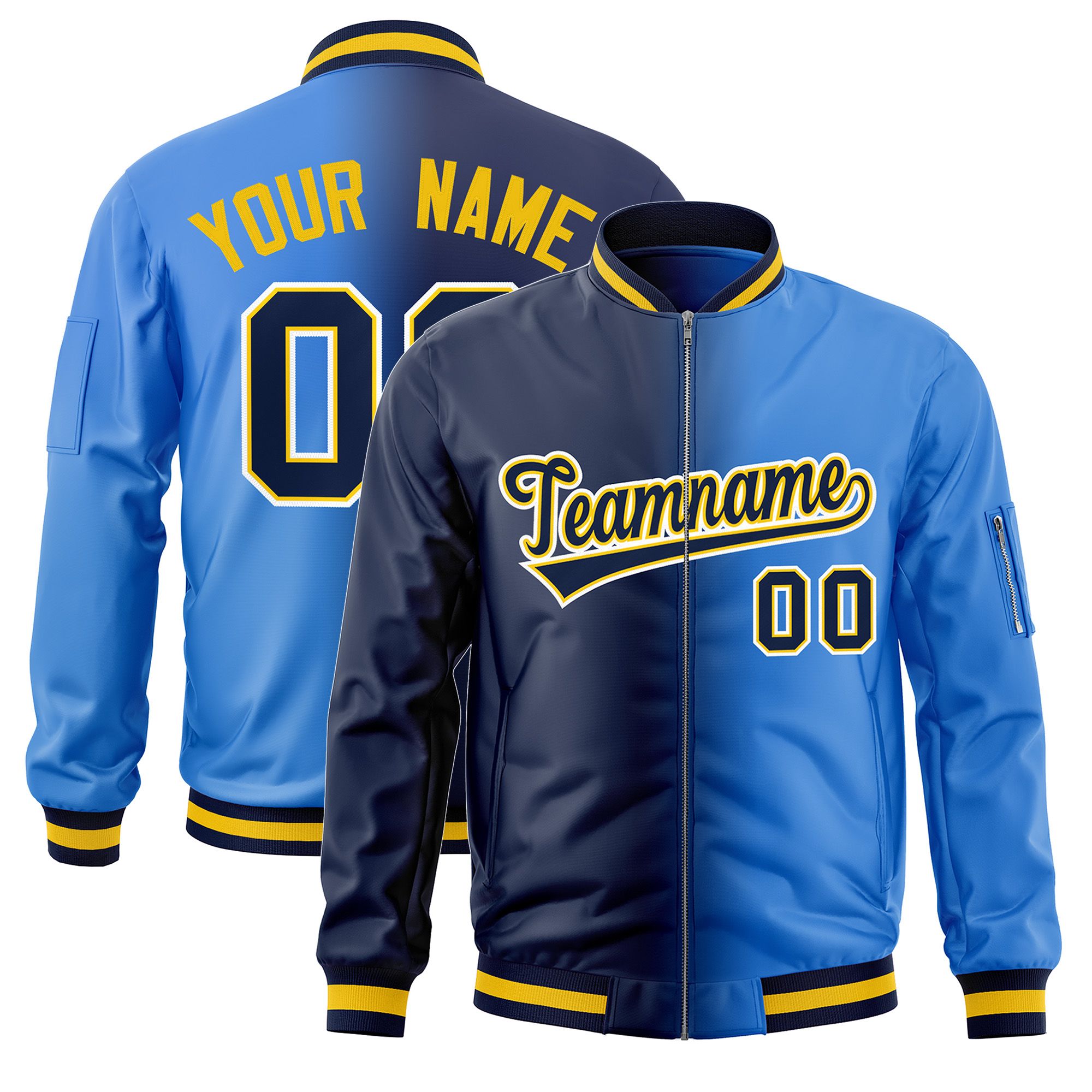 Custom Navy Powder Blue Full-Zip Gradient Fashion Letterman Bomber Jacket