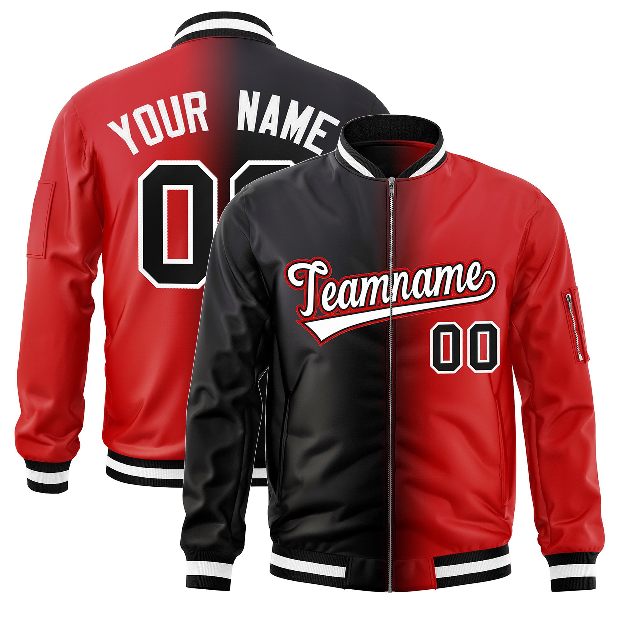 Custom Black Red Full-Zip Gradient Fashion Letterman Bomber Jacket