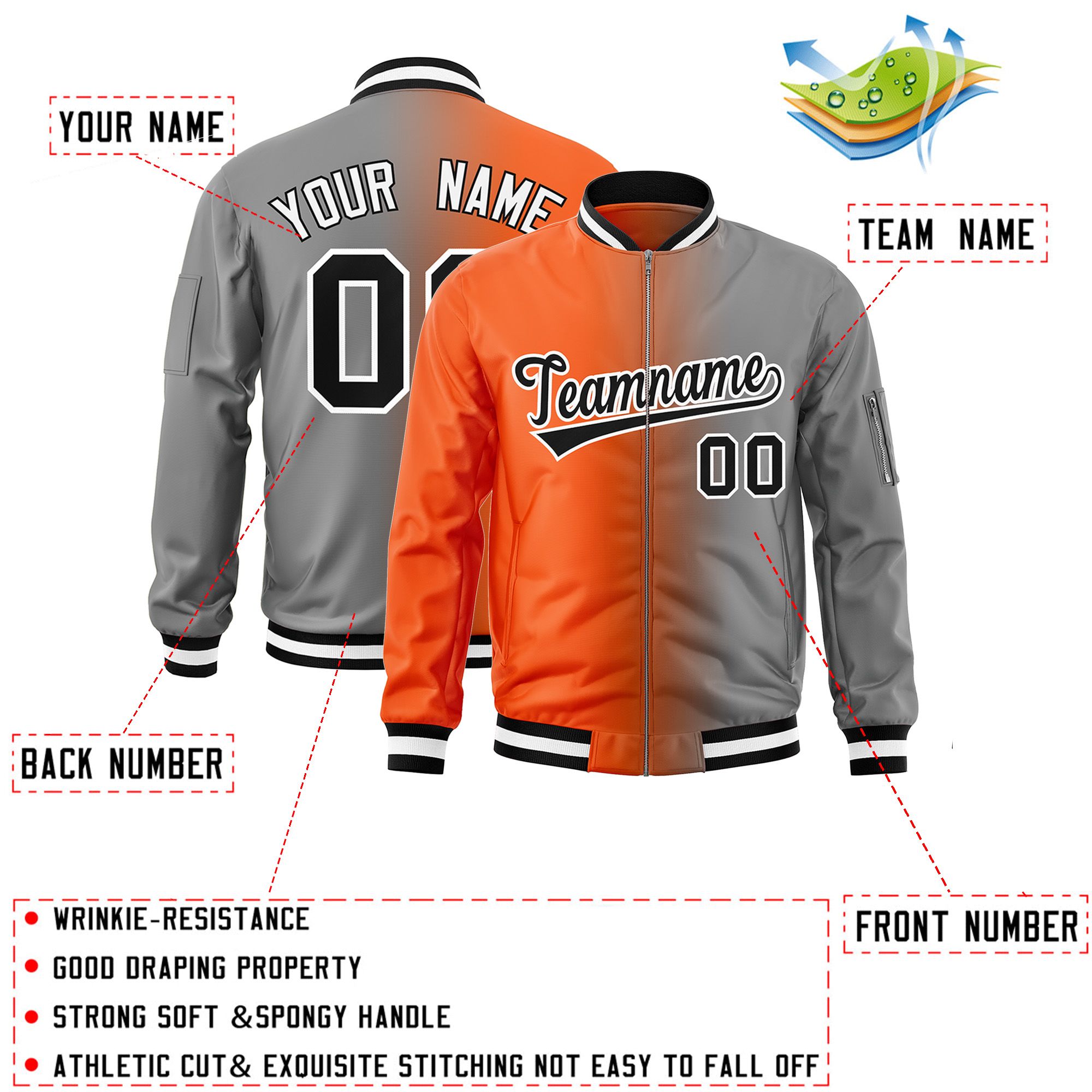 Custom Orange Gray Full-Zip Gradient Fashion Letterman Bomber Jacket