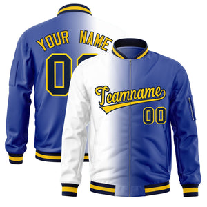 Custom White Royal Full-Zip Gradient Fashion Letterman Bomber Jacket