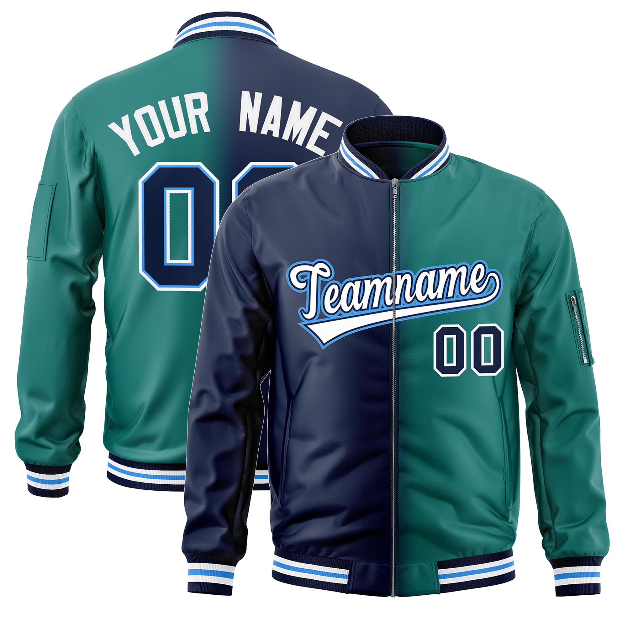 Custom Navy Aqua Full-Zip Gradient Fashion Letterman Bomber Jacket