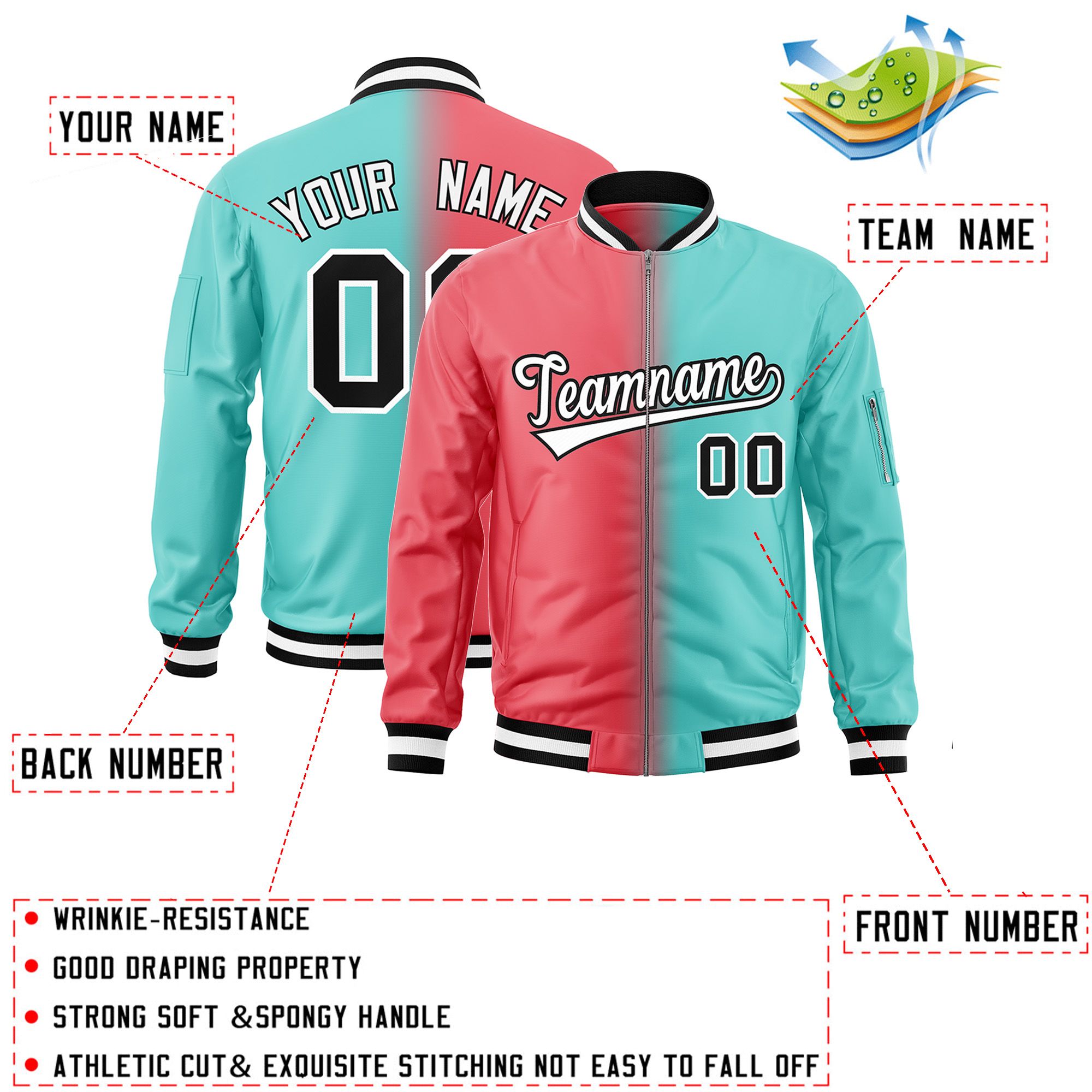 Custom Light Red Bright Green Full-Zip Gradient Fashion Letterman Bomber Jacket