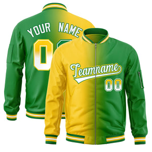 Custom Gold Kelly Green Full-Zip Gradient Fashion Letterman Bomber Jacket