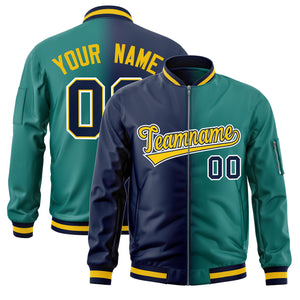 Custom Navy Aqua Full-Zip Gradient Fashion Letterman Bomber Jacket