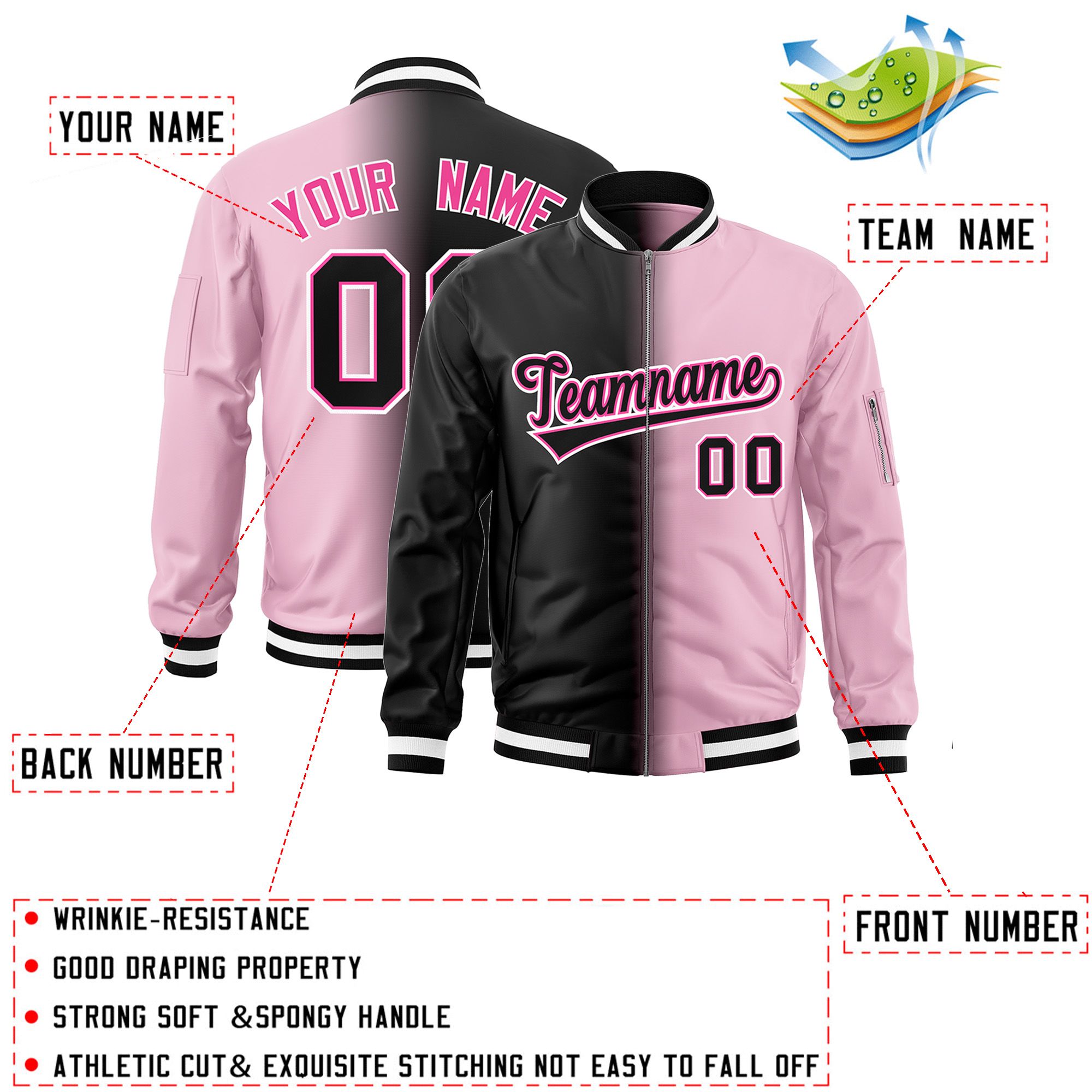 Custom Black Light Pink Full-Zip Gradient Fashion Letterman Bomber Jacket