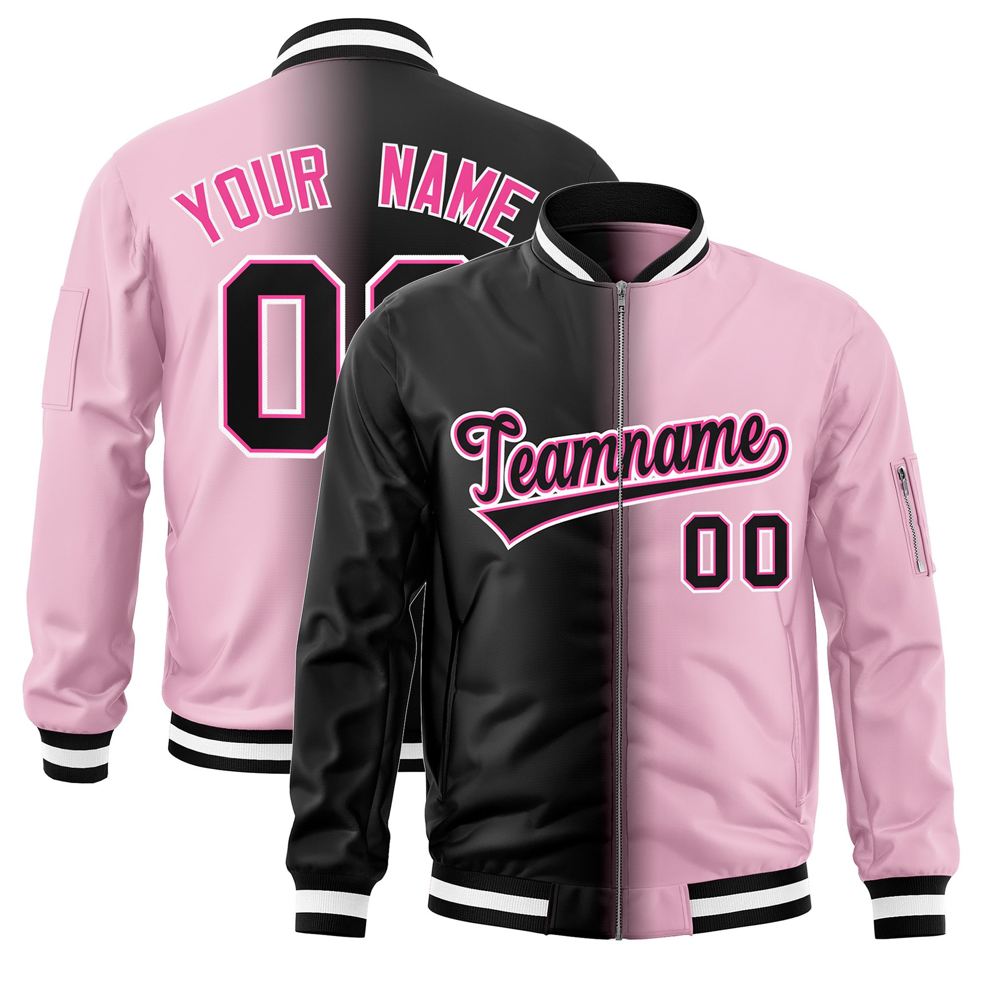 Custom Black Light Pink Full-Zip Gradient Fashion Letterman Bomber Jacket