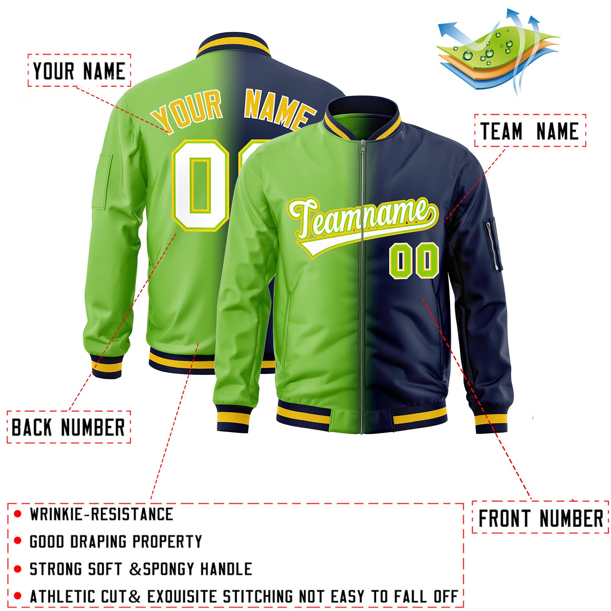 Custom Neon Green Navy Full-Zip Gradient Fashion Letterman Bomber Jacket